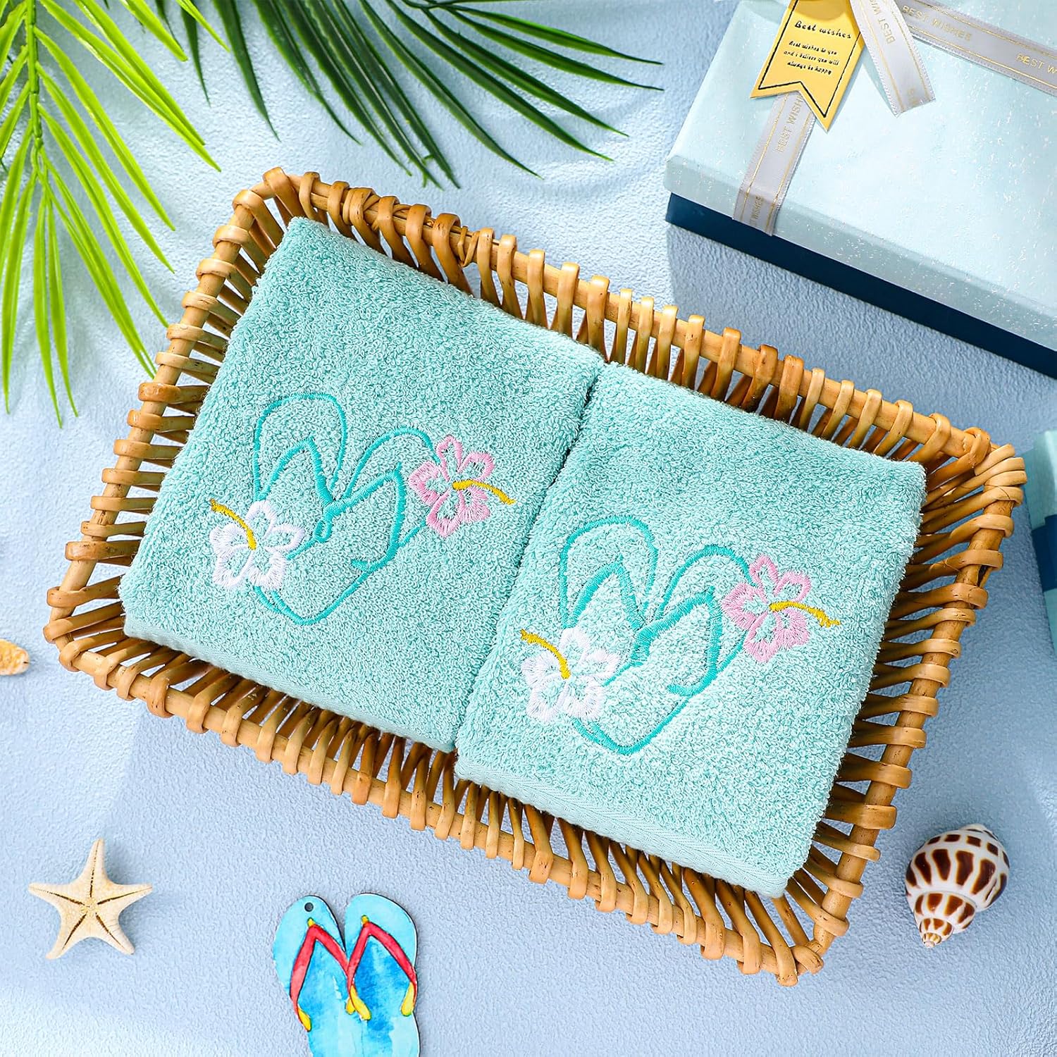 2 Pcs Flip Flops Hand Towels Mint Green Bathroom Decor 14x29 Inch Embroidered 100% Cotton Soft Absorbent Spring Summer Decorative Hand Towels for Bathroom Kitchen - Image 6