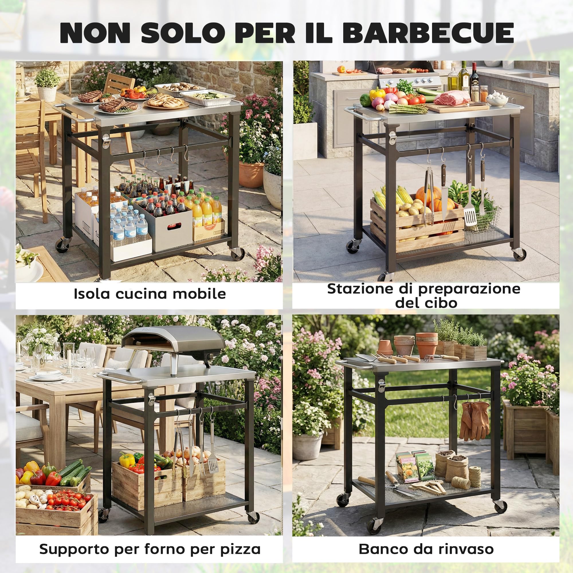 Outsunny Carrello per Barbecue da Esterno, Tavolo Cucina per Forno a Pizza con Piano in Acciaio Inox, 4 Ganci a S, Maniglia, Apribottiglie e Ruote Bloccabili, 82x55x79 cm, Nero
