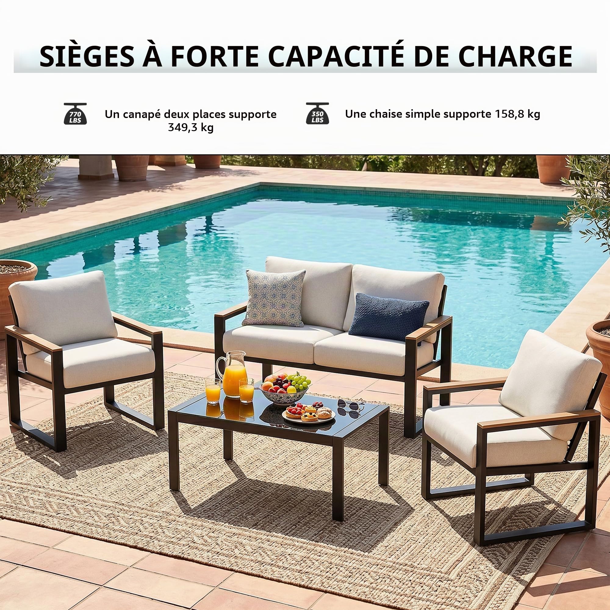 NATURAL EXPRESSIONS Salon de Jardin extérieur modulable 4 pièces en métal, accoudoirs Imitation Bois, Tissu Textilène avec Coussins Olefin 10 cm, Beige