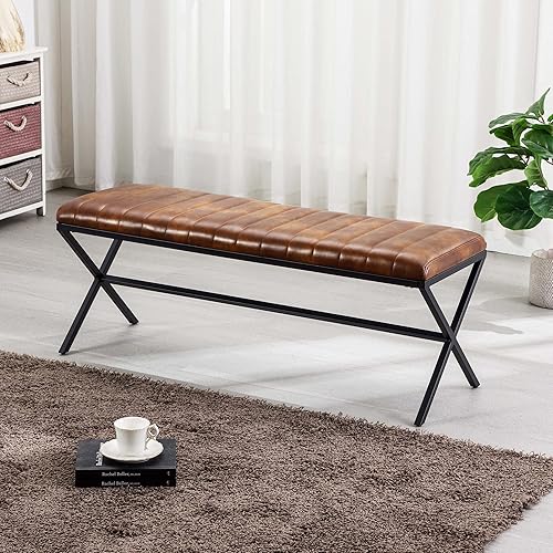 Miniatura 14 de DUHOME Banco de entrada moderno tapizado de piel sintética, banco de tocador con patas en X de metal, banco de dormitorio copetudo para sala de