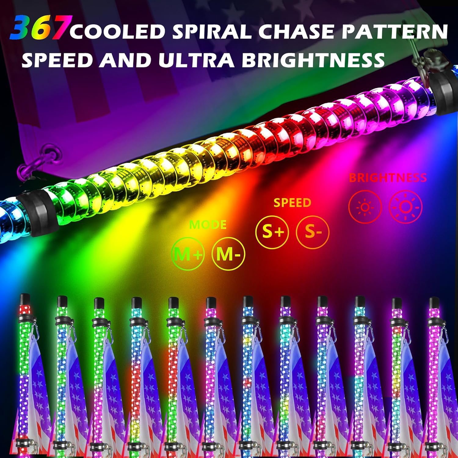 2PCS 3FT Whip Lights with Spring Base, Whip Lights for Side by Side with App & Remote Control, Spiral RGB Chasing Lighted Antenna Whips, Music LED Whip Light for ATV UTV RZR SXS Can-Am