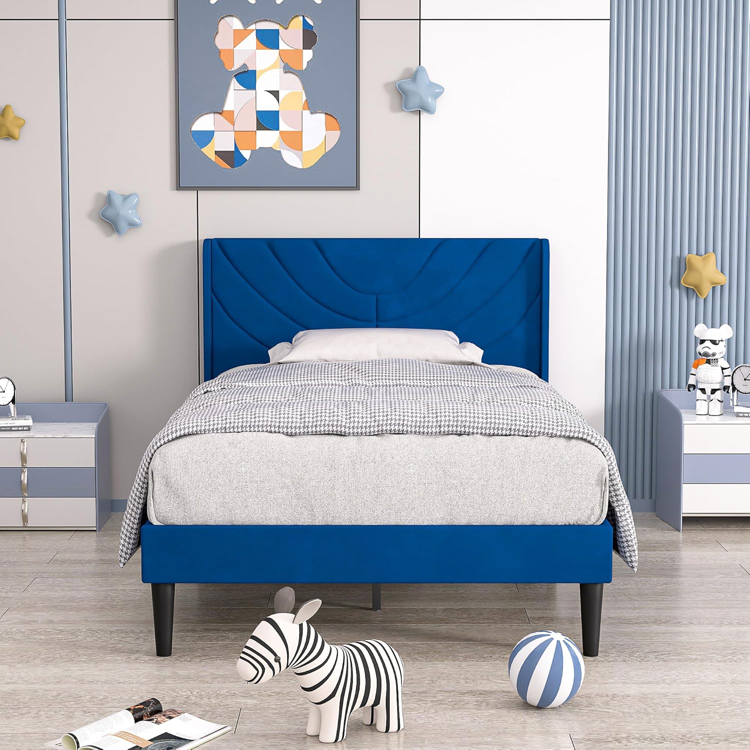 VECELO Twin Upholstered Platform Bed Frame with Fabric Headboard,Wooden Slats Support/No Box Spring Needed/Mattress Foundation,Dark Blue