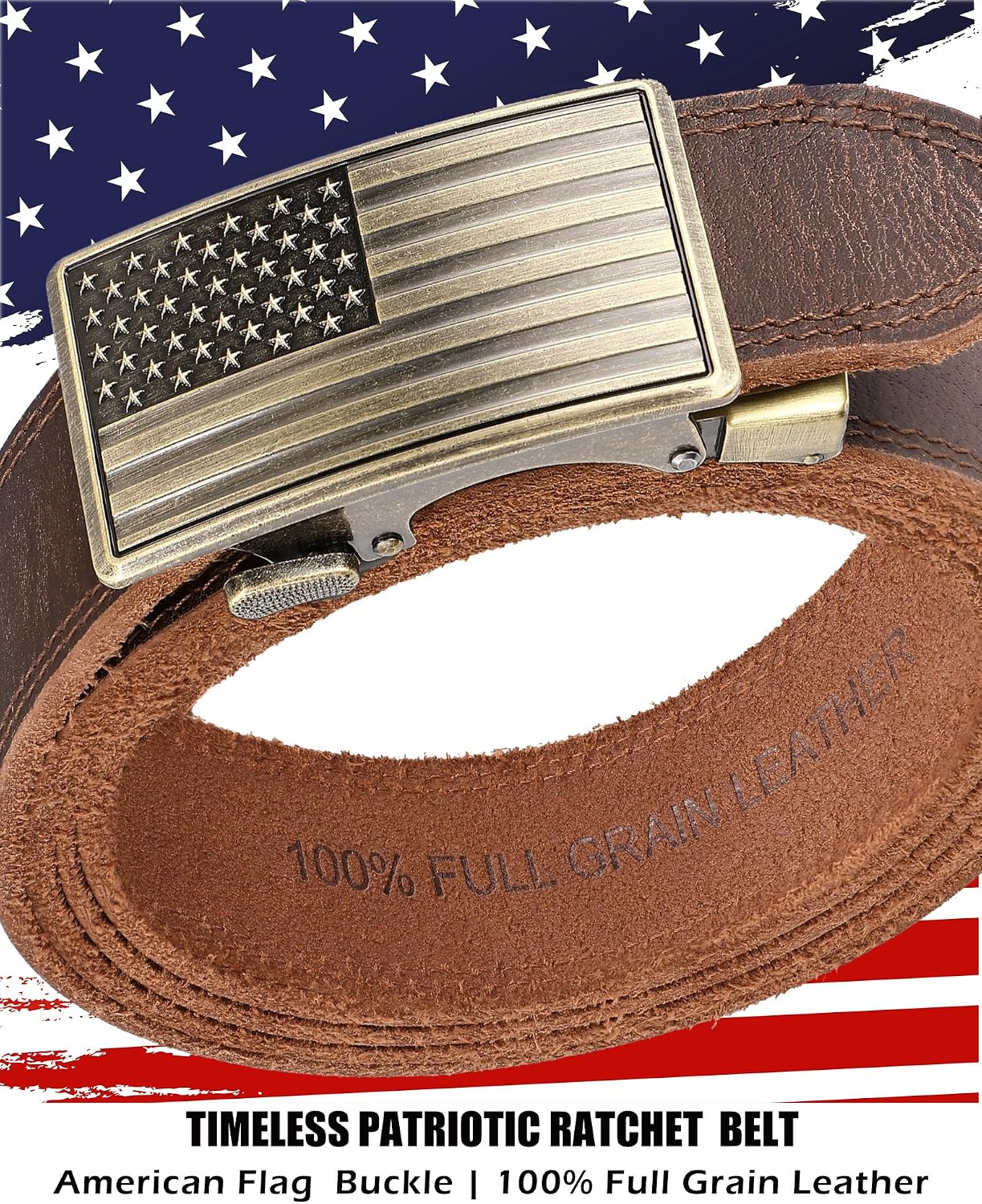 BELTROAD Top Grain Leather Ratchet Belt for Men American flag Handmade Belt