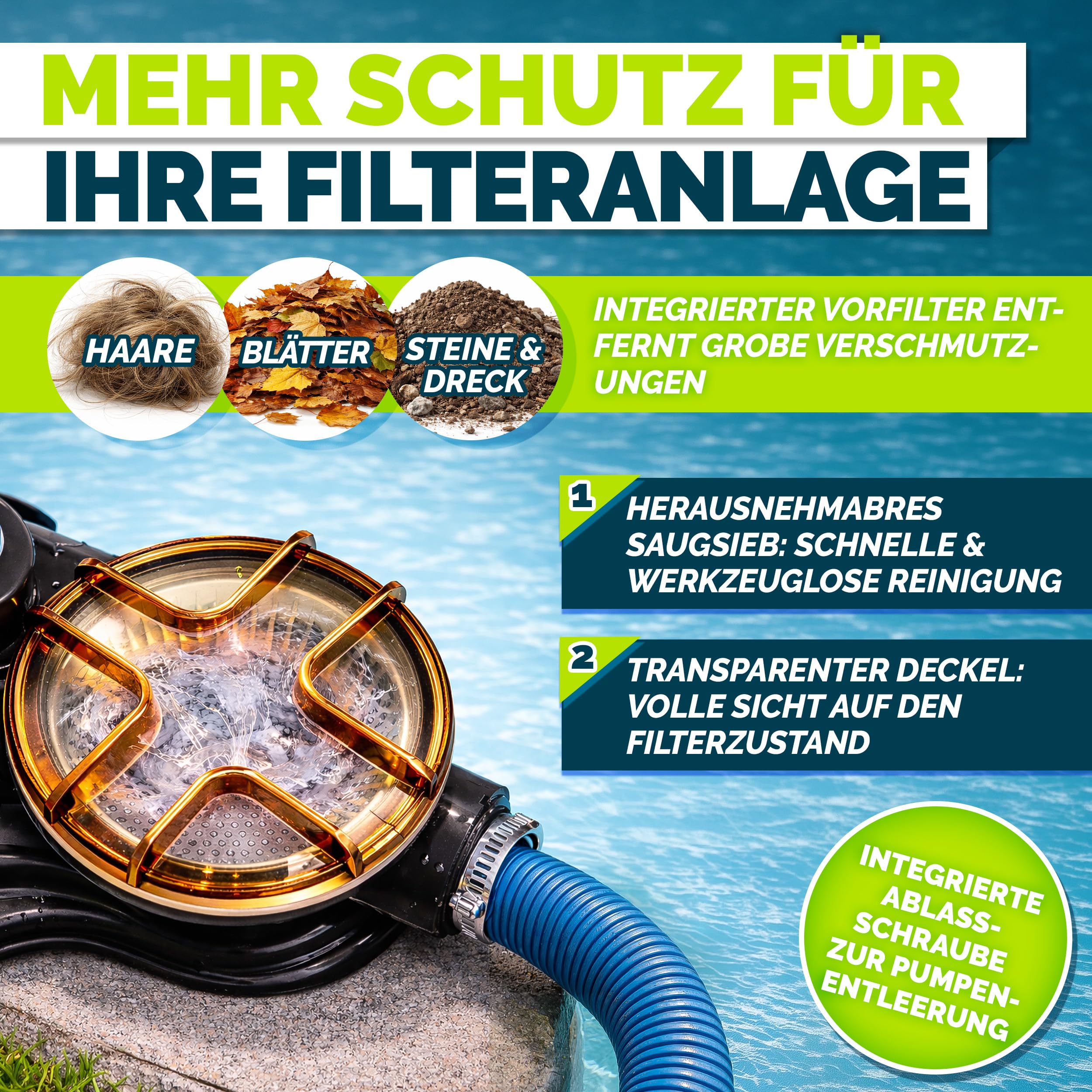 tillvex® Sandfilteranlage Pool 13.200L/h bis 40.000L + 1200g Filterbälle | Filteranlage 7-Wege Ventil & 2in1 Adapter Ø32-38mm | Poolfilter Selbstansaugend | Sandfilter Schwimmbecken (Blau)