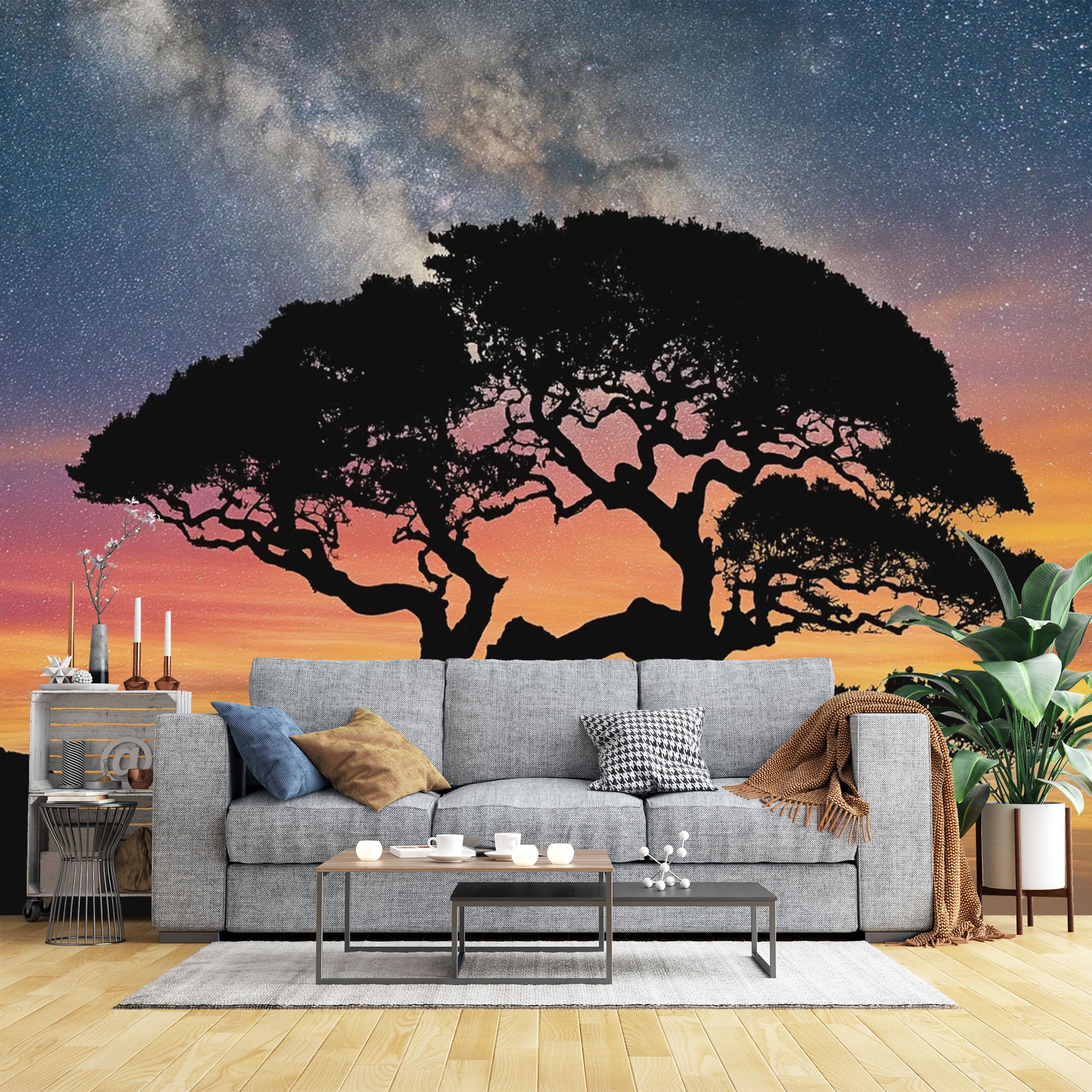 Custom Size Wall Murals Tree Silhouette Against Starry Sunset Wall Murals Nature Silhouette Wallpaper, 3D Self-Adhesive Removable Wallpaper for Bedroom