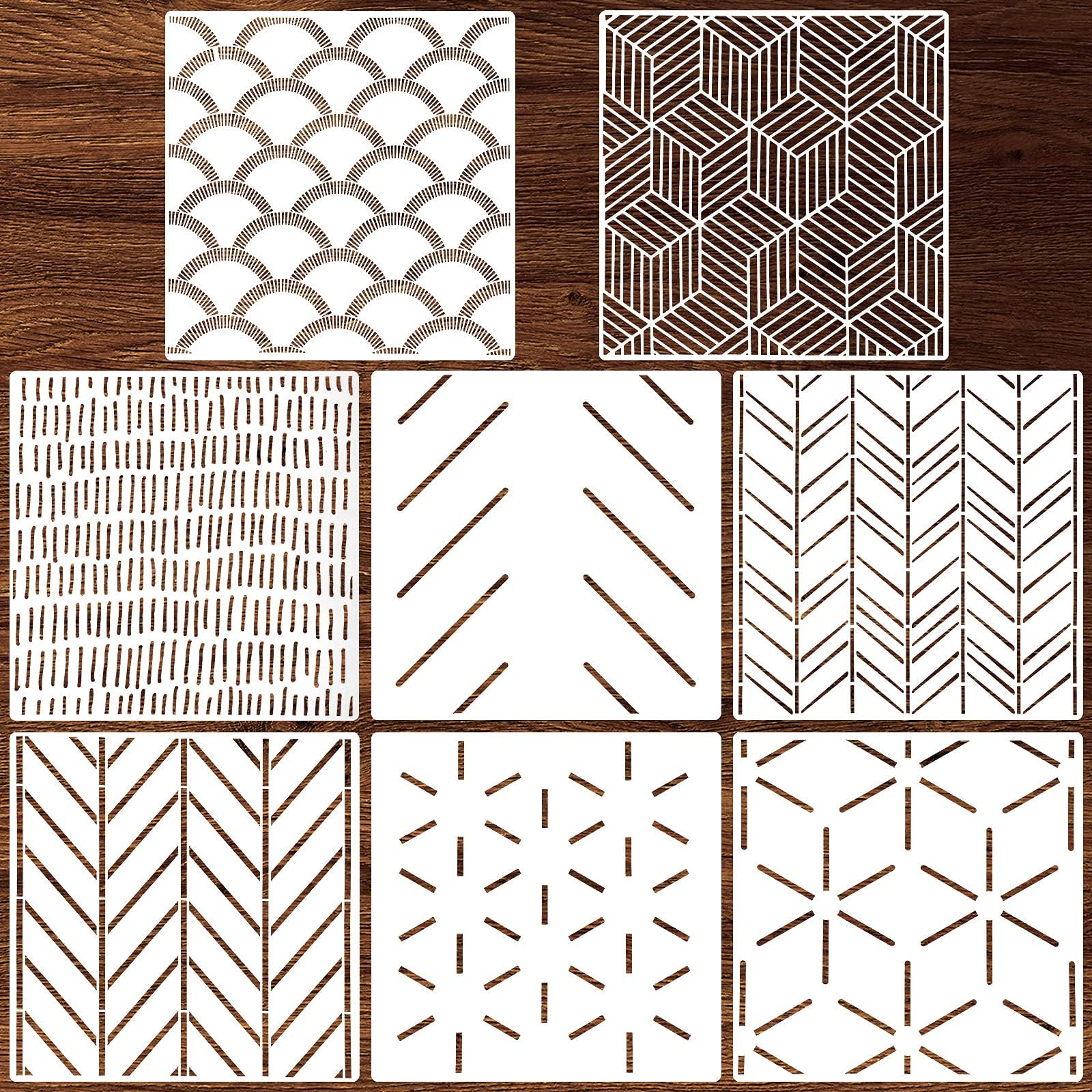 Outus 8 Pieces 12 x 12 Inch Herringbone Geometric Wall Modern Stencils Decor Reusable Film Decorative for Painting, Walls, Pattern (Simple Style)