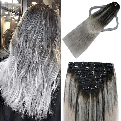 WindTouch Clip In Human Hair Extensions 120g Natural Black Fading to Silver Gray Balayage Hair Extensions 7 Pieces Fine Hair 22Inch #1btGray