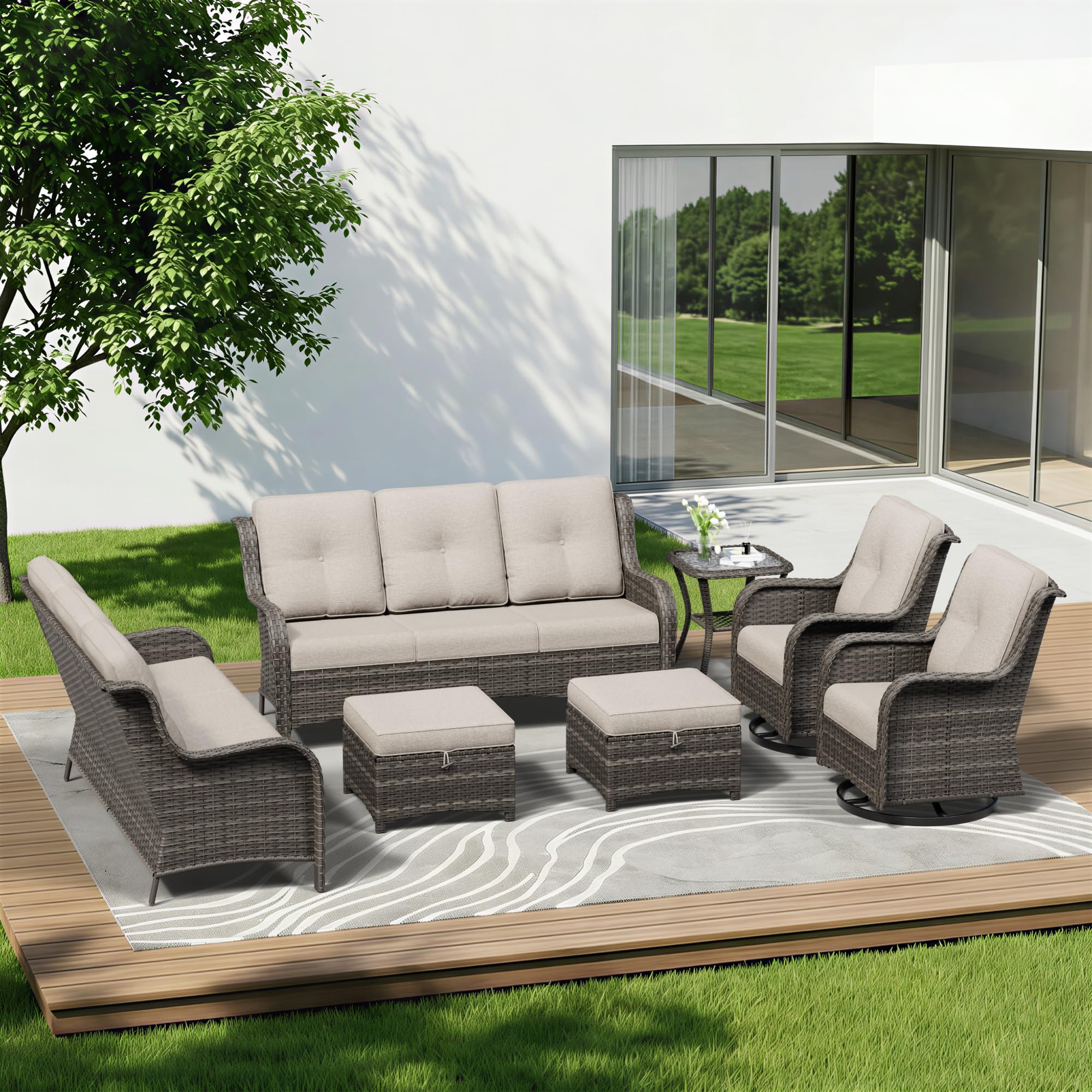 7 Piece Outdoor Wicker Patio Furniture Set, Outdoor Swivel Rocker Patio Chairs Set with Thickened Olefin Cushions, High Back and Deep Seating, Hand-Woven PE Rattan for Porch, Deck