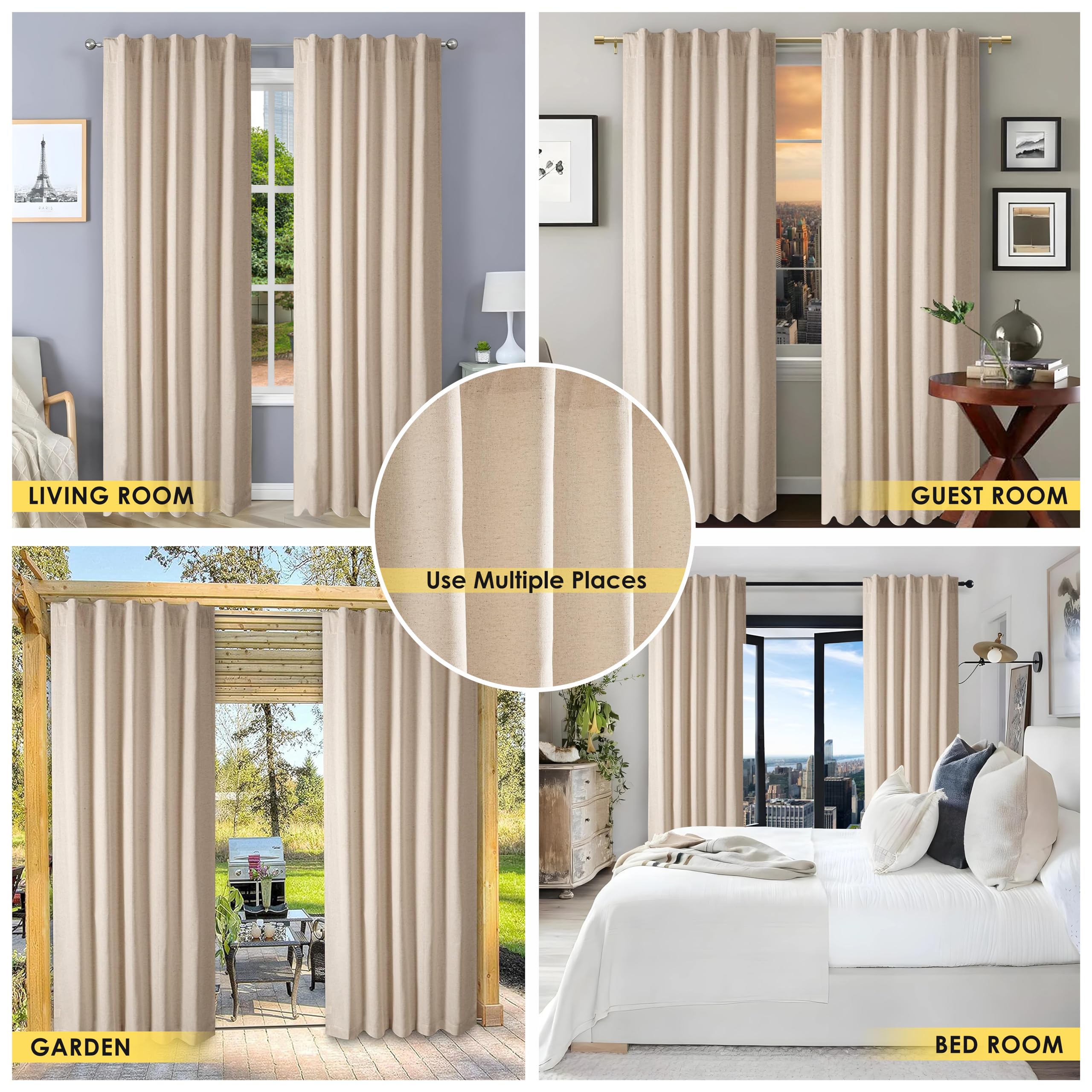 HOMIDATE Lot de 2 panneaux de rideaux en coton et lin naturel, 127 x 274,3 cm