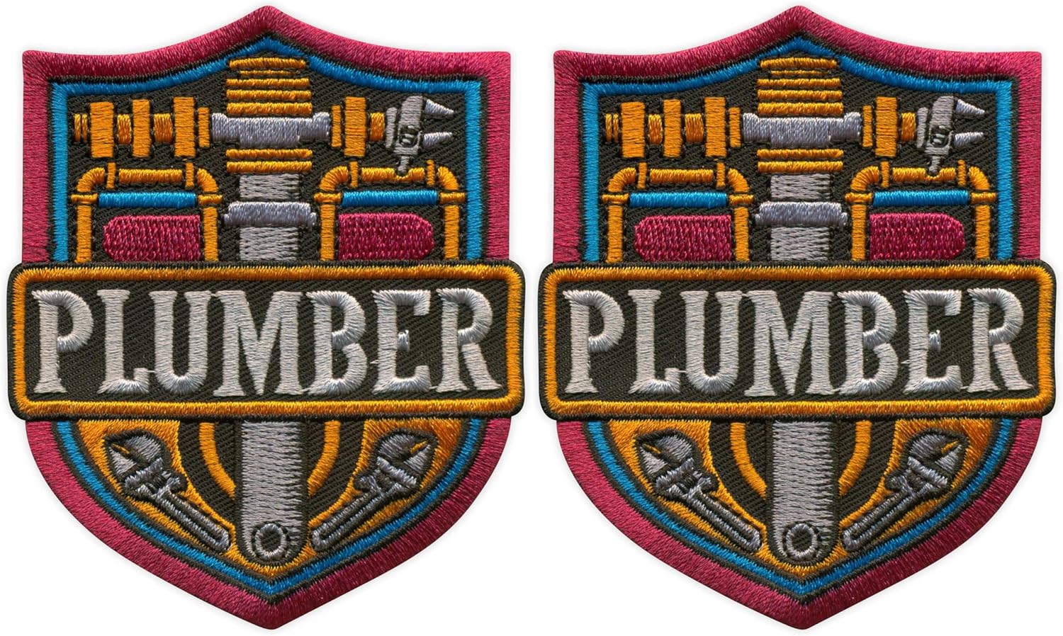 Set of Two - Patchion Plumber - Shield - Iron-on/Heat Seal Backing - Embroidered Patch/Badge/Emblem