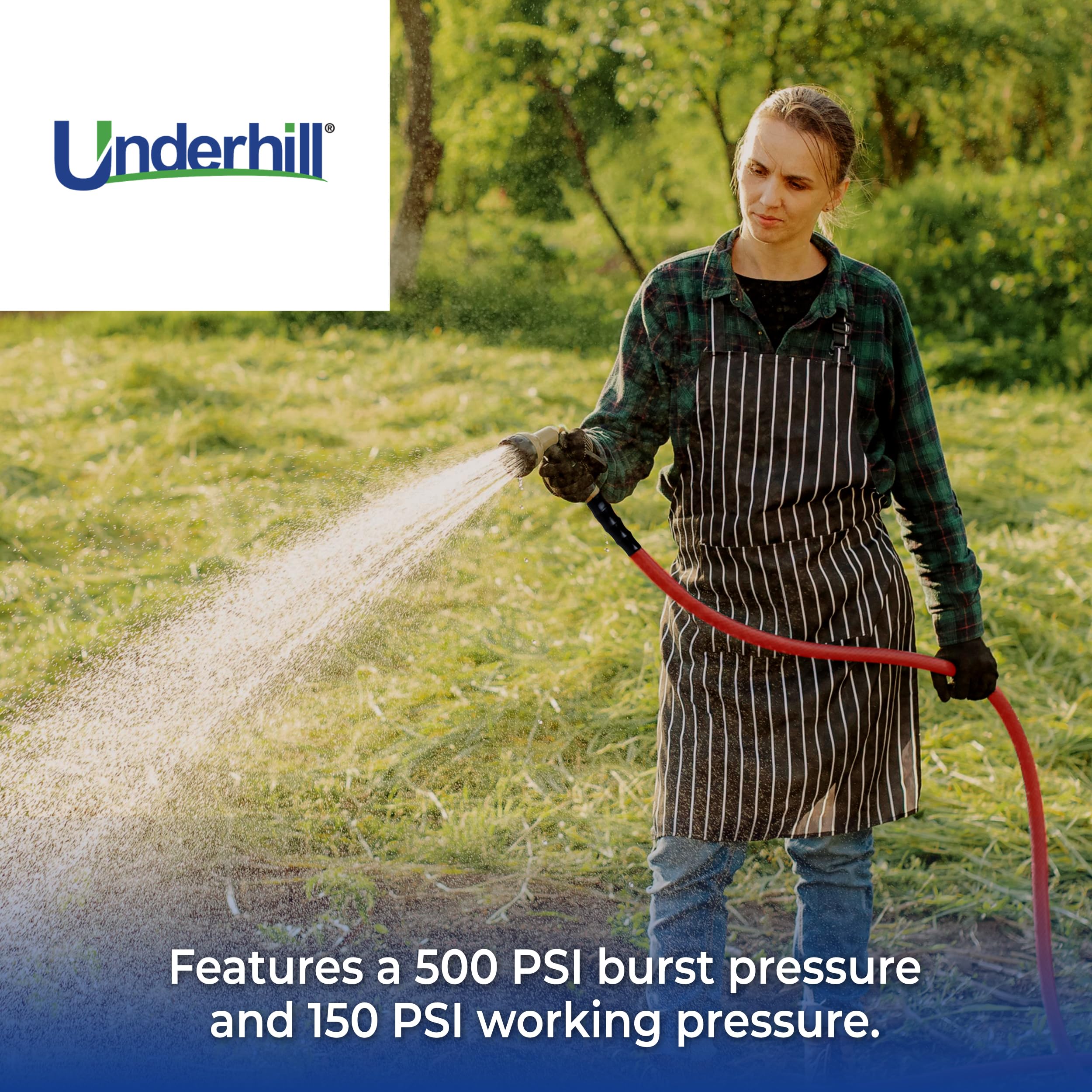 Underhill Proline Rubber Series - Manguera de jardín resistente para agua caliente o fría, ligera, 500 PSI BP, 165 PSI WP, H75-125PRO-R 3/4 pulgadas x 125 pies, color rojo