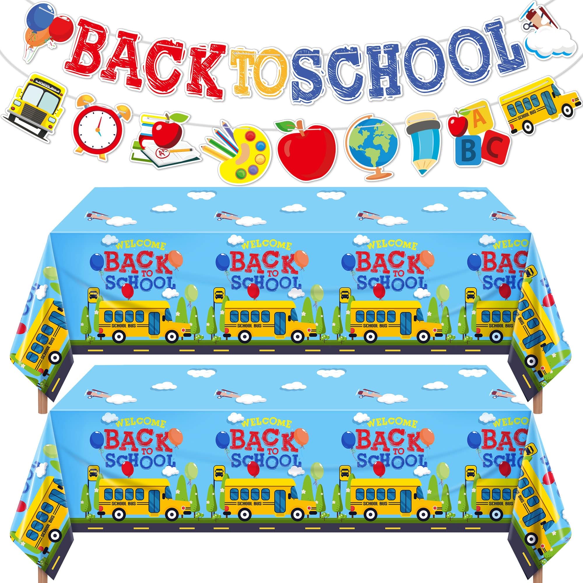 durony Welcome Back to School Party Tablecloth, 2 Pack Welcome Back to School Plastic Tablecloths Table Cover, 2 Pack First Day of School Party Banner for Back to School Party Supplies Decorations