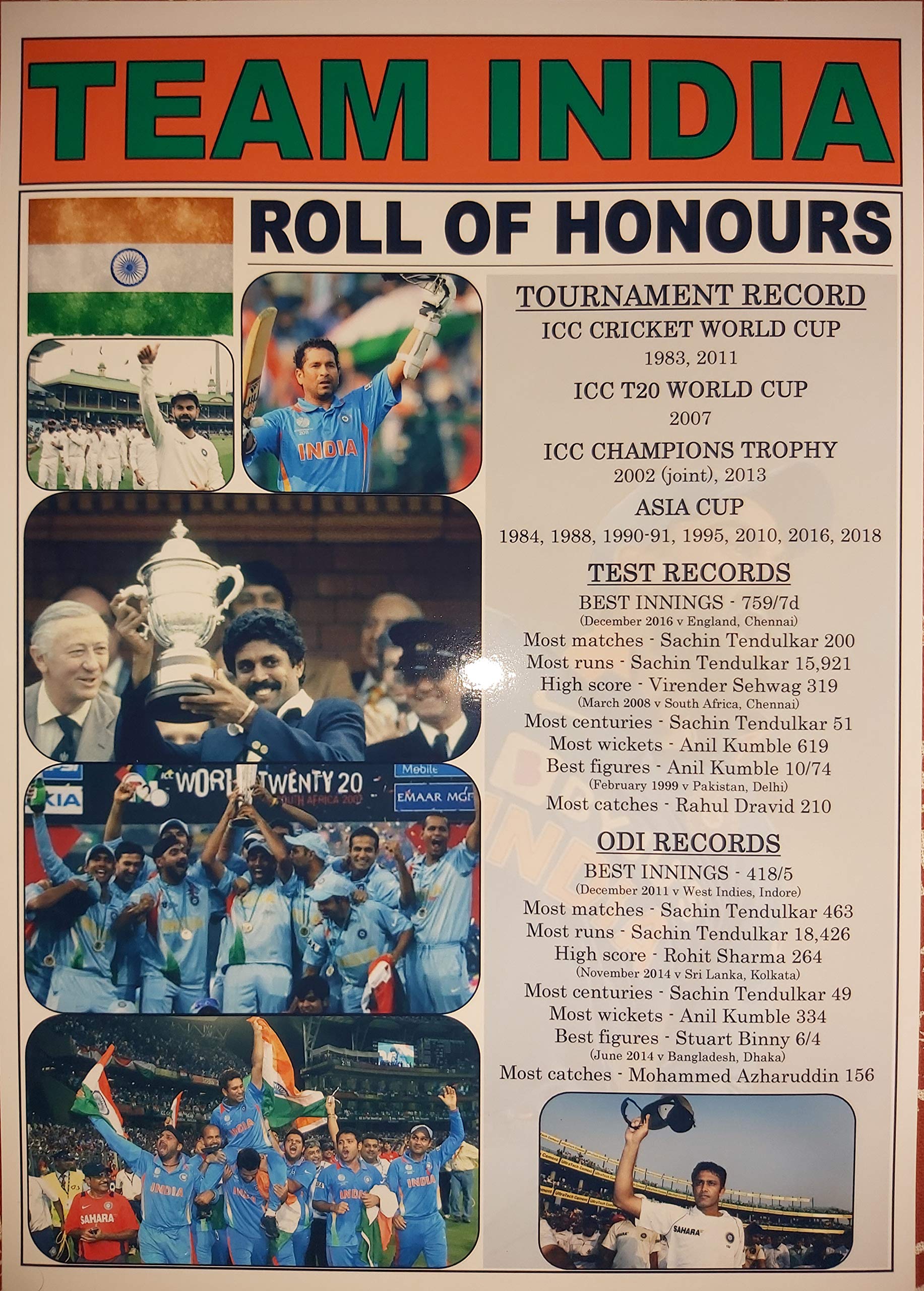 Sports Prints UK India Cricket roll of honours - Tendulkar Kumble Dev Sehwag - Souvenir Print