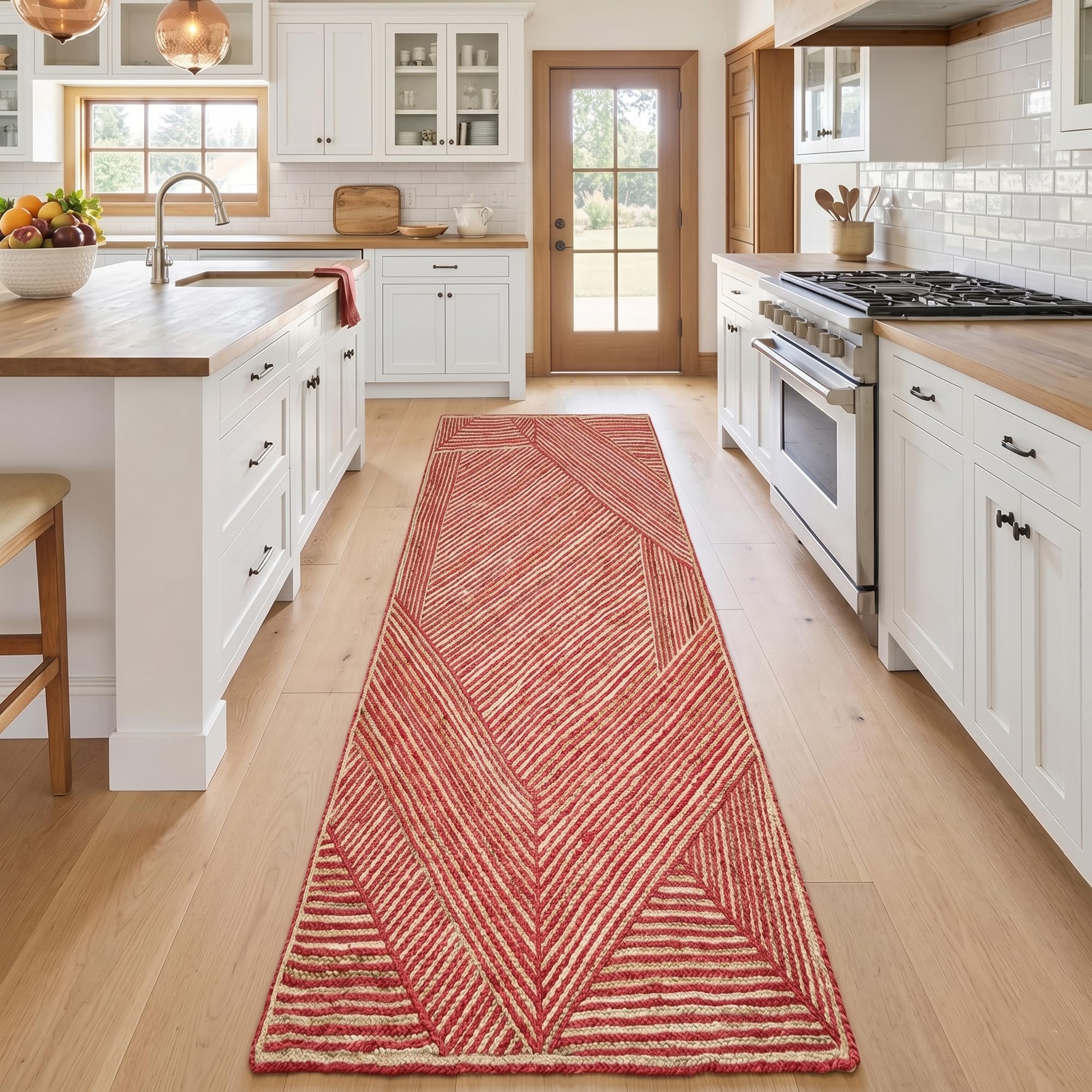 Tapis de couloir en fibre naturelle géométrique rouge entrée et balcon