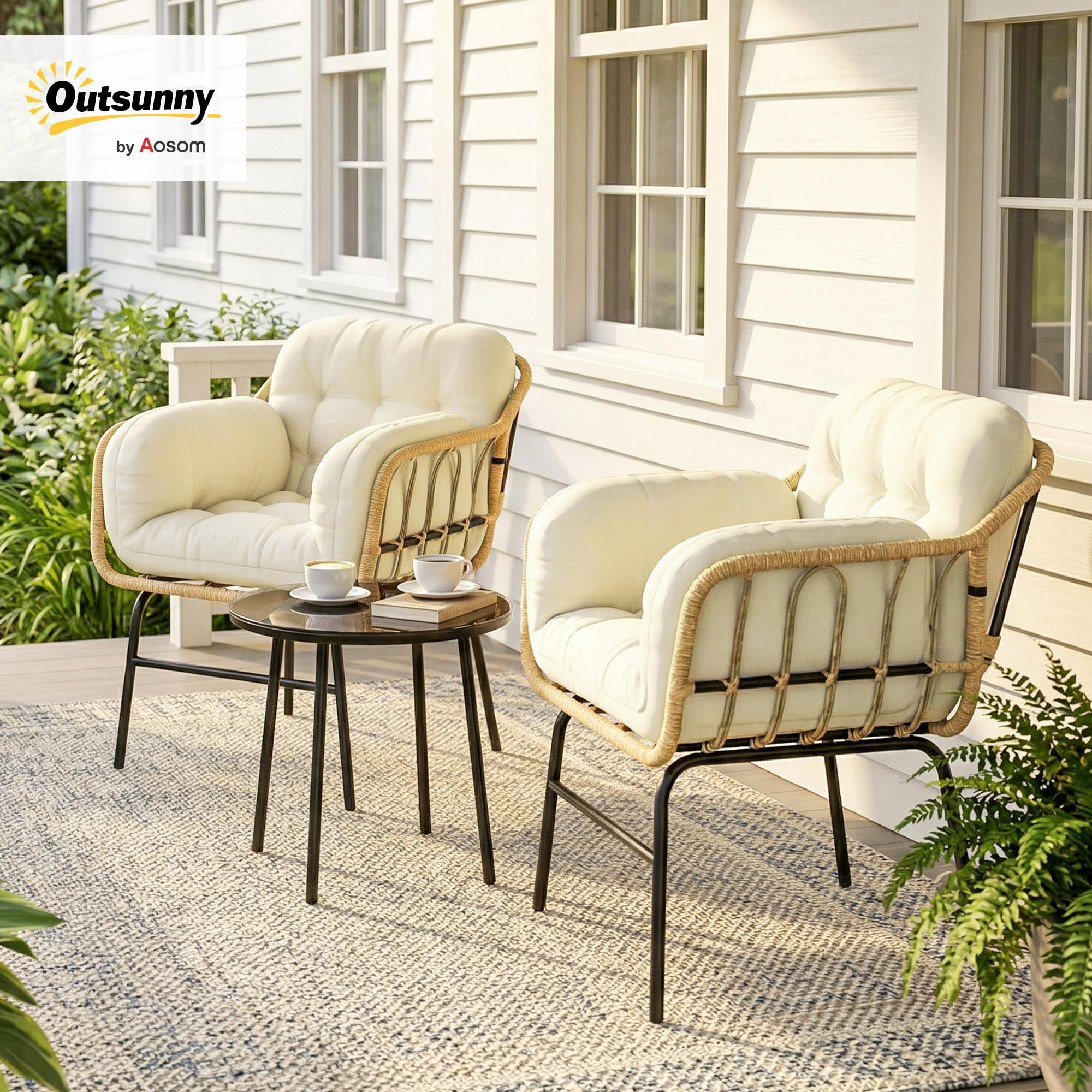Outsunny Salon de Jardin Extérieur 3 Pièces en Résine Tressée avec 2 Fauteuils et 2 Coussins, Table Basse en Verre Trempé, Mobilier de Jardin pour Terrasse Balcon Patio, Kaki