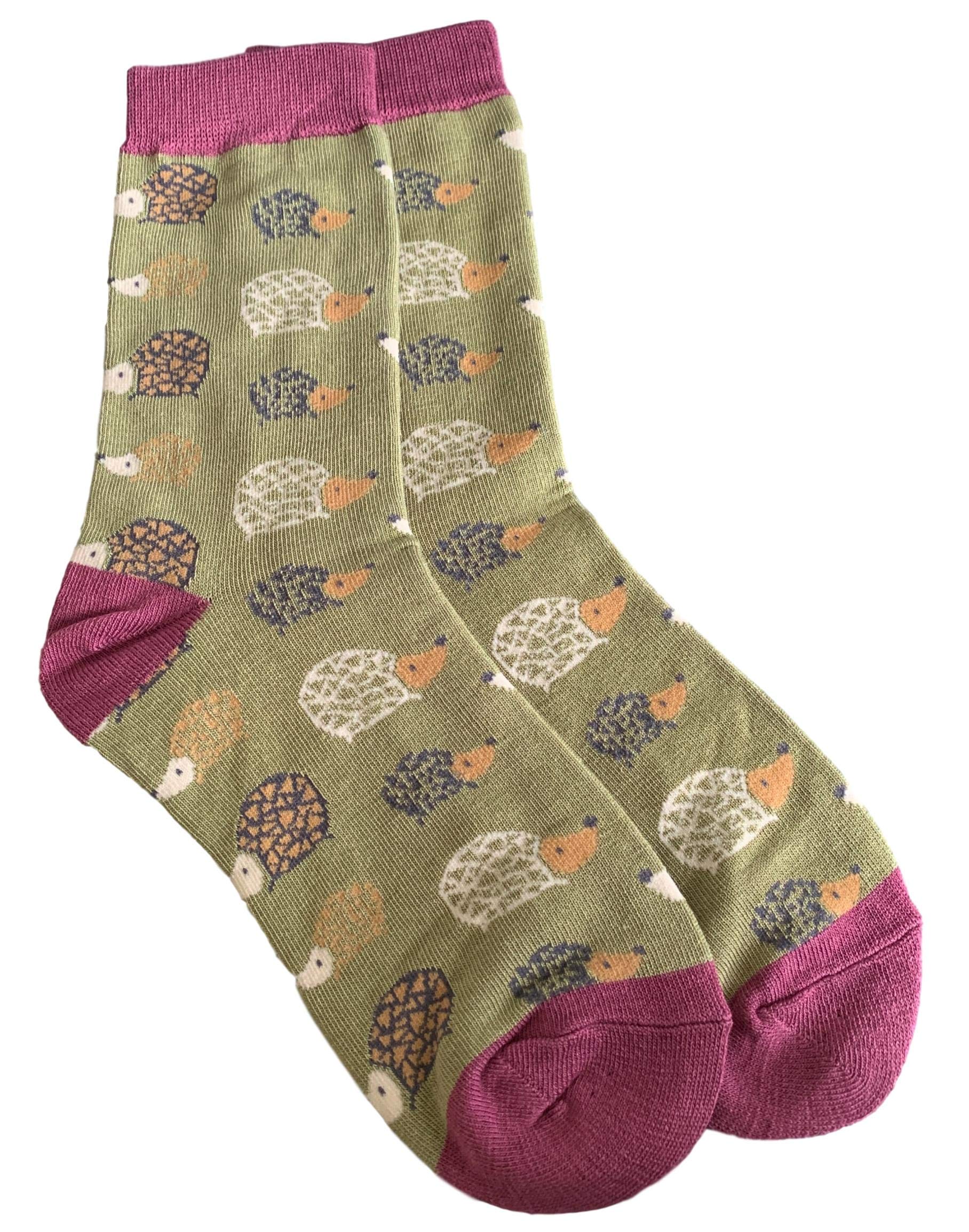 Purple Possum® Hedgehog Socks Ladies Cute Hedgehogs Print Bamboo Cotton Blend Womens UK Shoe Size 4-7 (green)