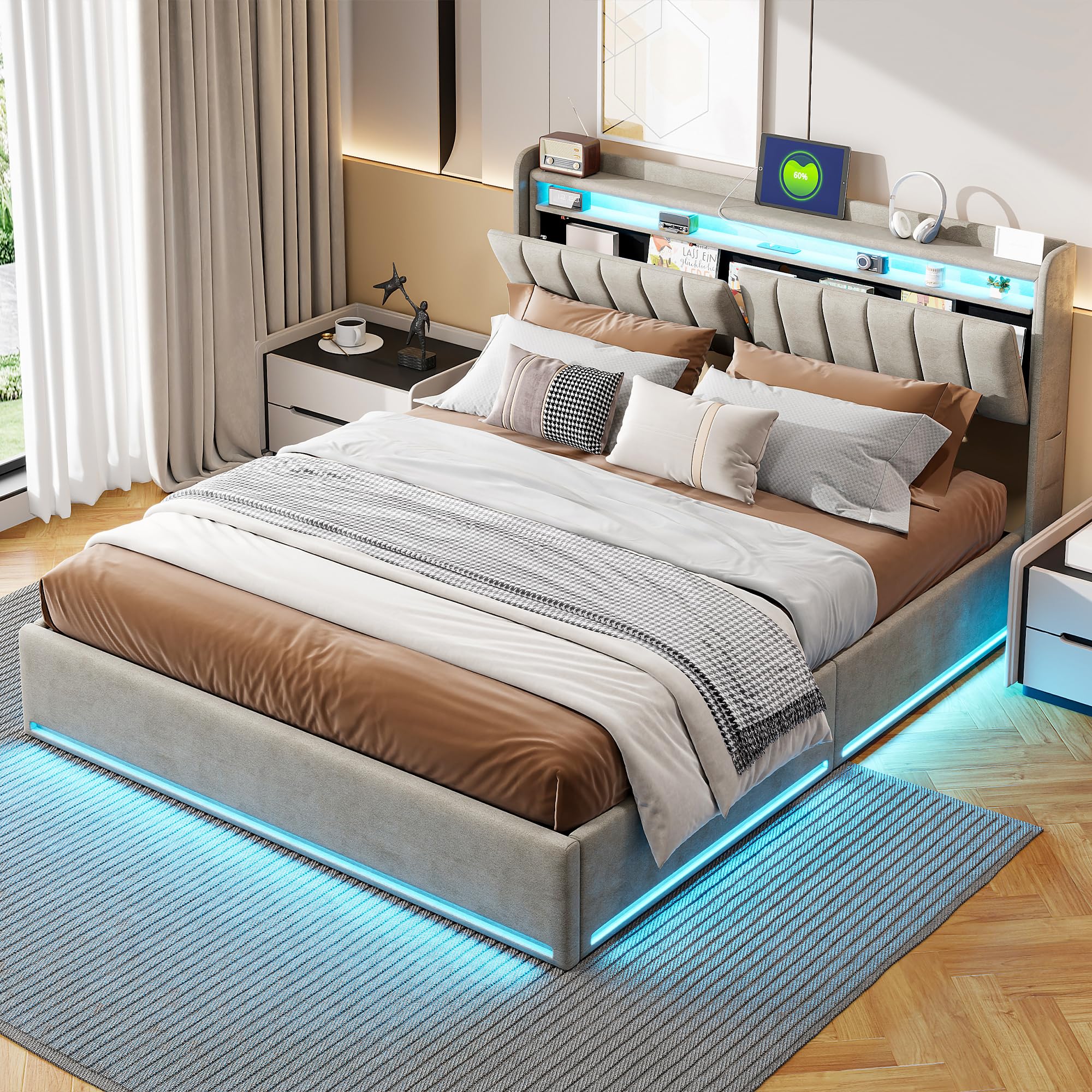 Lit Coffre Double 160x200 Avec LED Et Ports USB - Tête De Lit Rembourrée, Rangement Hydraulique, Sans Matelas, Noir