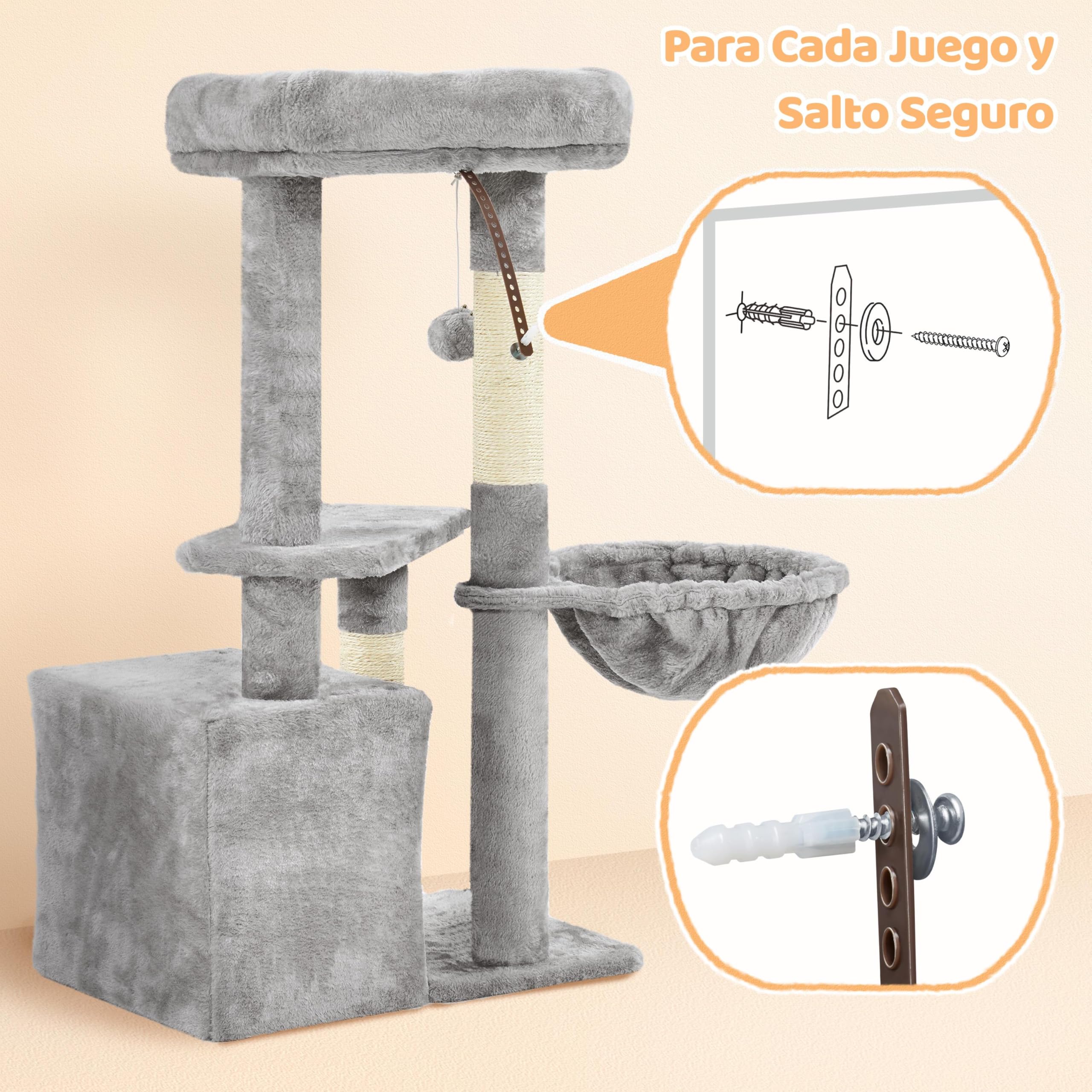 Yaheetech Árbol Rascador para Gatos con Poste Cesta Cuerda de Agarre 50x34.5x87 cm Castillo Torre para Gatos Gris Claro