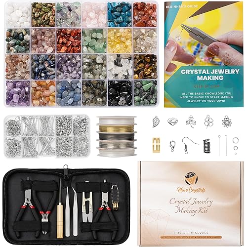 MineCrystals Jewelry Making Kit DIY Natural Crystal Chip Stones Beads Tools kit Jewelry Wires Findings Supplies Instruction Guide Gift Box for Adult Teens Craft Bracelet Earring Necklace