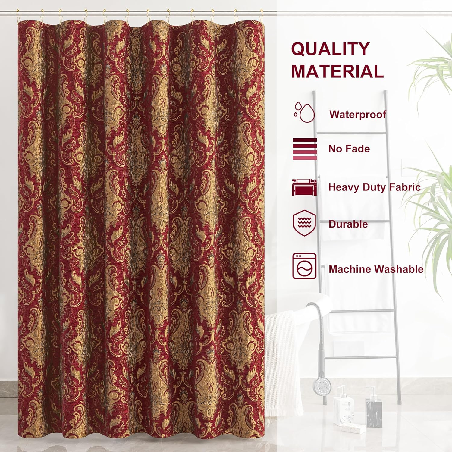 Loom and Mill Textured Fabric Shower Curtain Set with 12 Metal Hooks, Red Damask Bathroom Shower Curtain Sets Classic Medallion Design, Waterproof Heavyweight Shower Curtain for Home Bathroom(72x72)