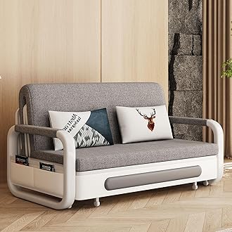 Full Size Pull-Out Sofa Daybed with Trundle - Versatile Futon Sleeper Couch for Living Room and Small Spaces (34.25"" D x 59.84"" W x 37.4"" H) - Gray/White Sofa Bed