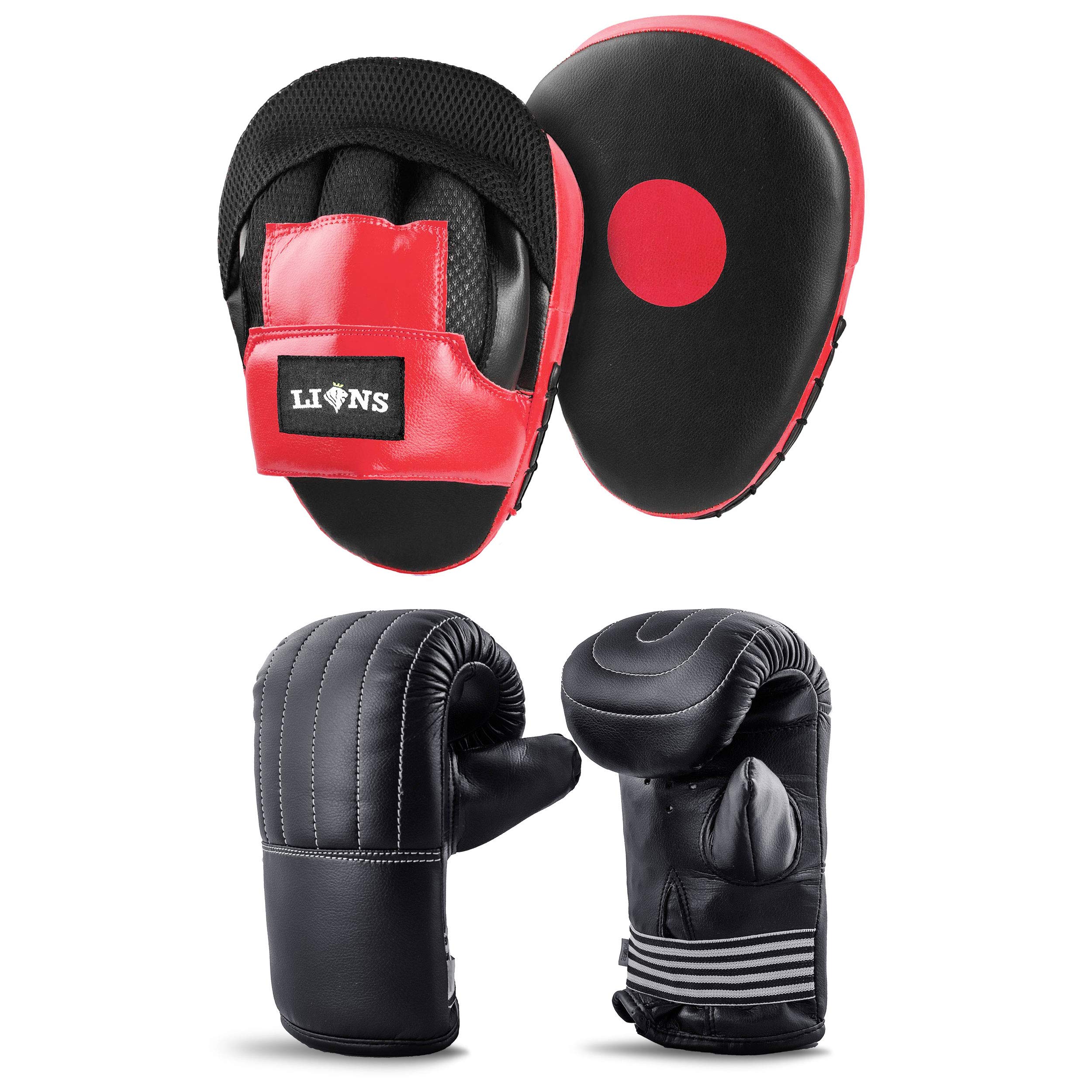 Lions Bag Mitts and Pads Set - Boxing Mma Focus Punch Bag Hook & Jabs Gloves (Injection - Red, Senior)
