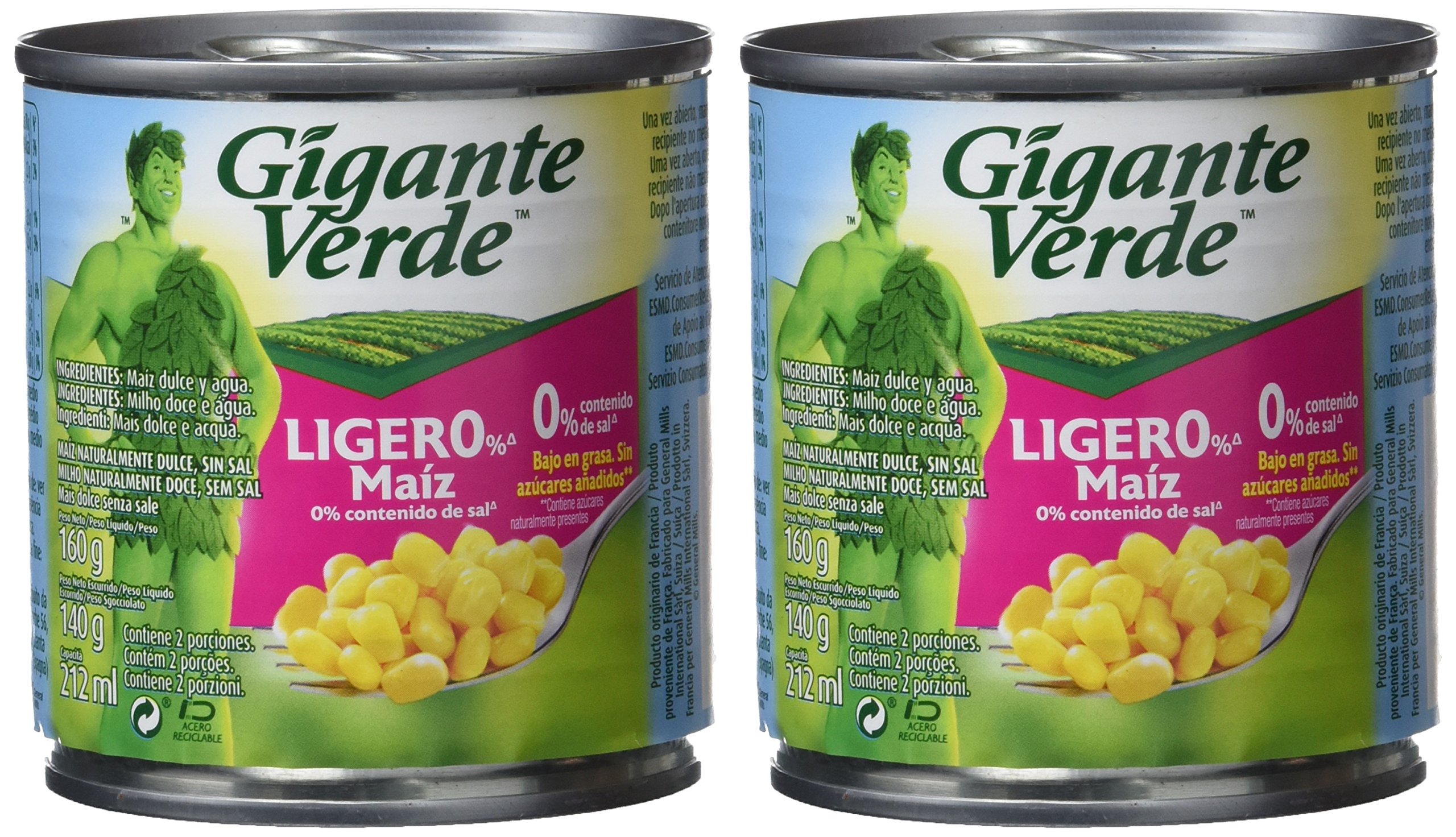 Gigante verde bipack lata de maíz dulce ligero% (0% sal) 2x160g