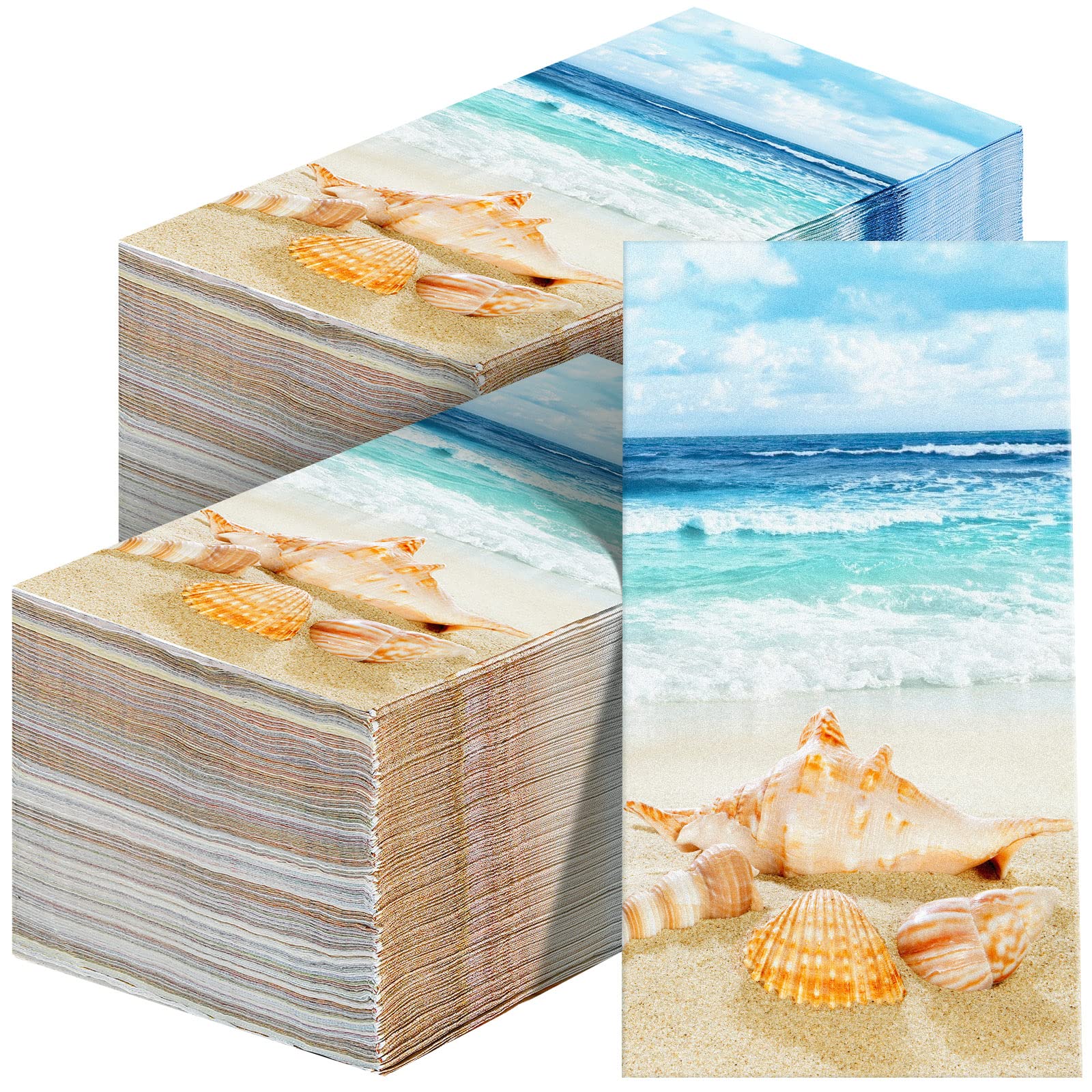 Crtiin 200 Pieces Nautical Beach Guest Napkins Bathroom Disposable Summer Tropical Ocean Coastal Towels Seashell Sea Beverage Paper Hand Napkins Decorative for Wedding Bridal Baby Shower Party