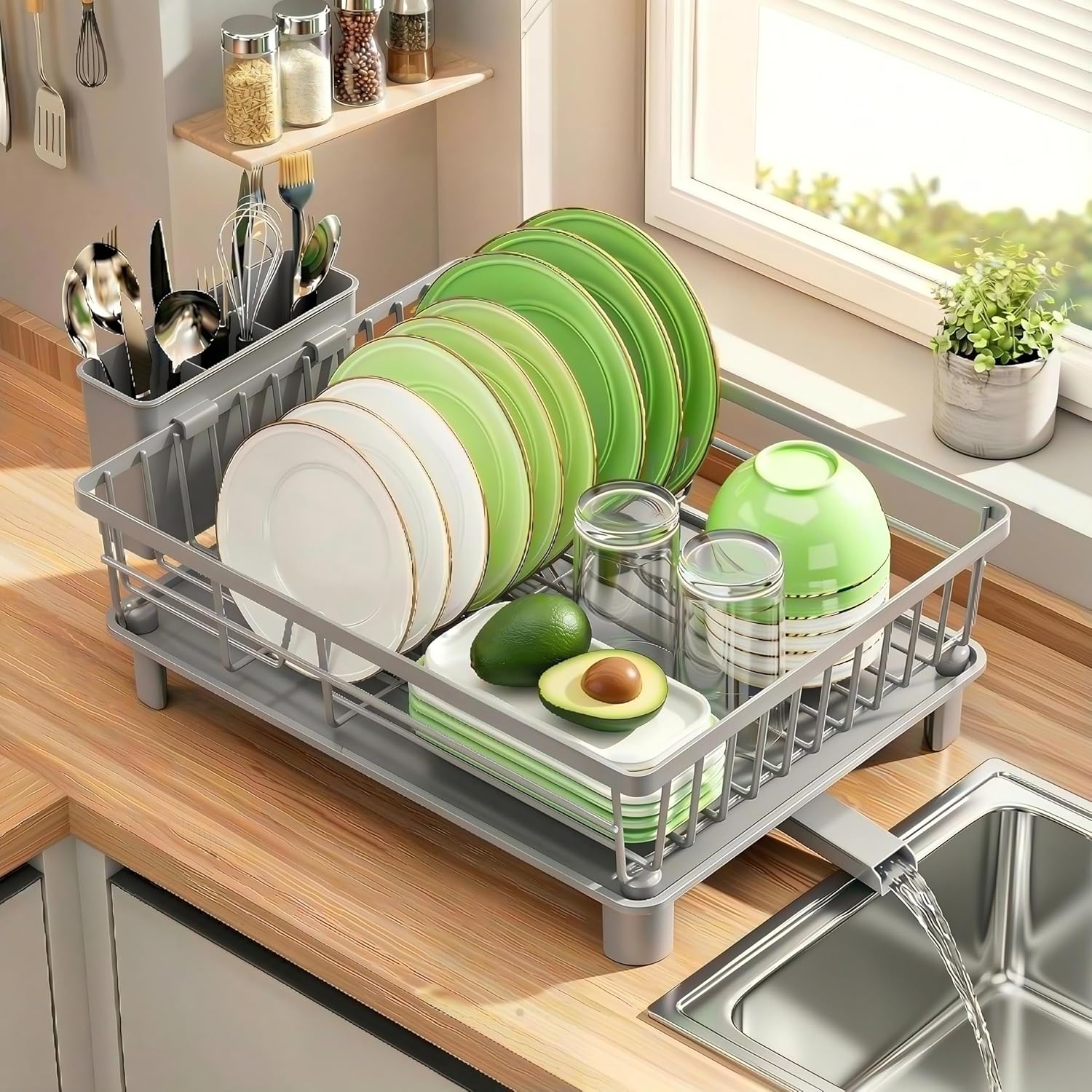 Dish Drying Rack for Kitchen Counter,Stainless Steel Drainers Rack with Detachable Cutlery Holder,Automatic Drainage System,Anti-Rust Dish Strainer Ideal for Families and Home