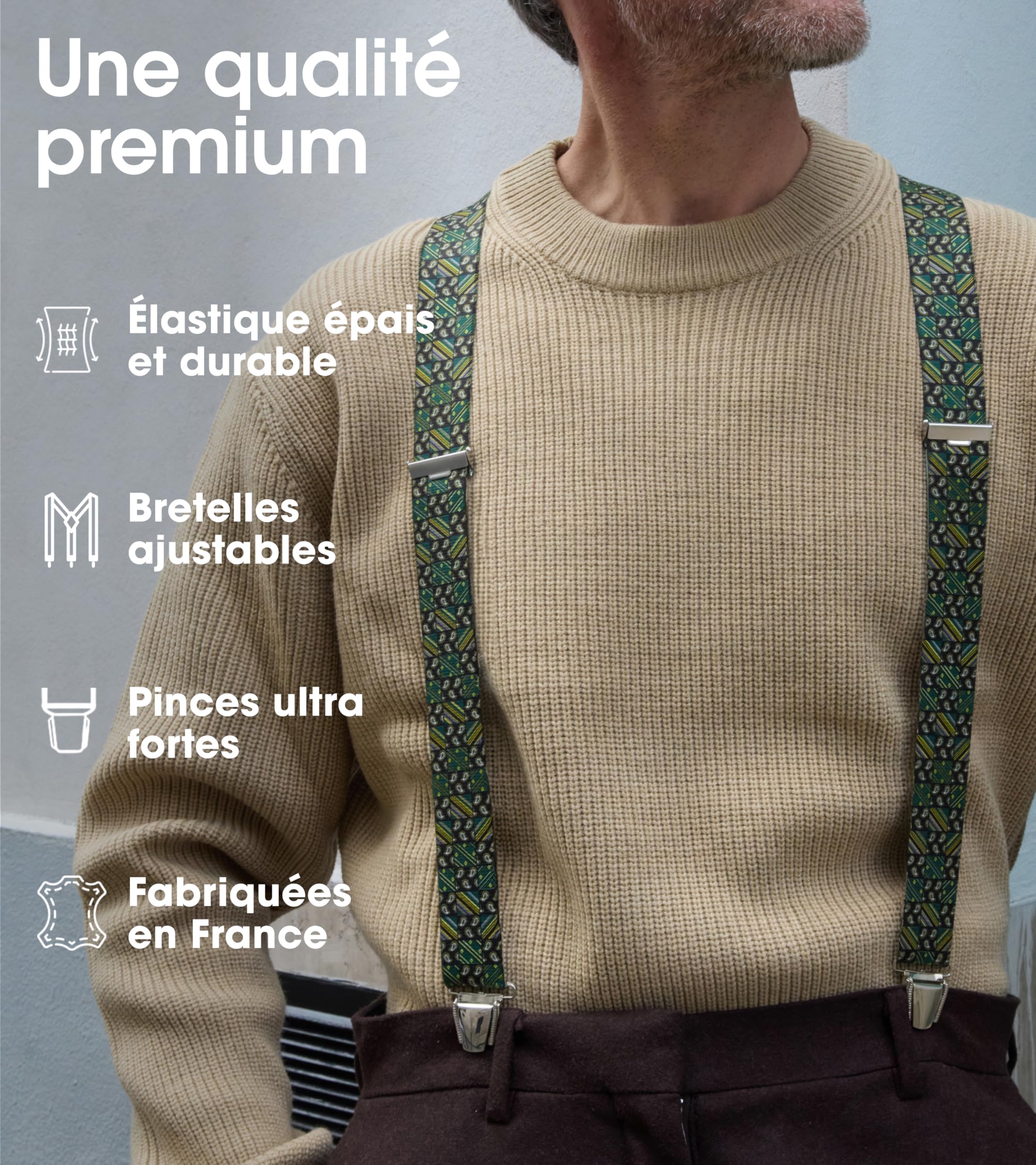 PIERROT Bretelles Homme Larges Made in France - Elastique Ultra Résistant & 4 Clips Extra Fort en X - Taille Ajustable Jusqu’à 130cm - Garantie à Vie - Fabrication Artisanale