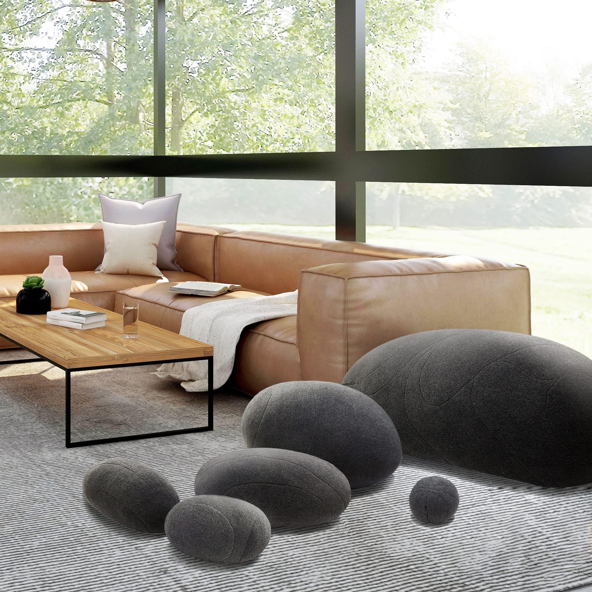 WOWMAX Three-dimensional Curve Living Stones Pillows 6 MIX Sizes Stuffed Pillows Big Rock Pillows New Pebble Pillows Dark Gray
