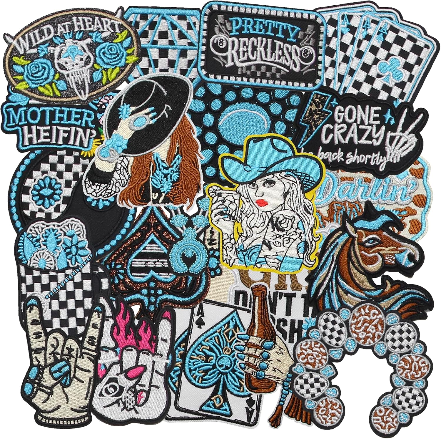 22PCS Turquoise Western Iron On Patches, Cowgirl Boot Cross Card Suit Embroidered Appliques for Trucker Hats Rodeo Jackets Bags & Western DIY