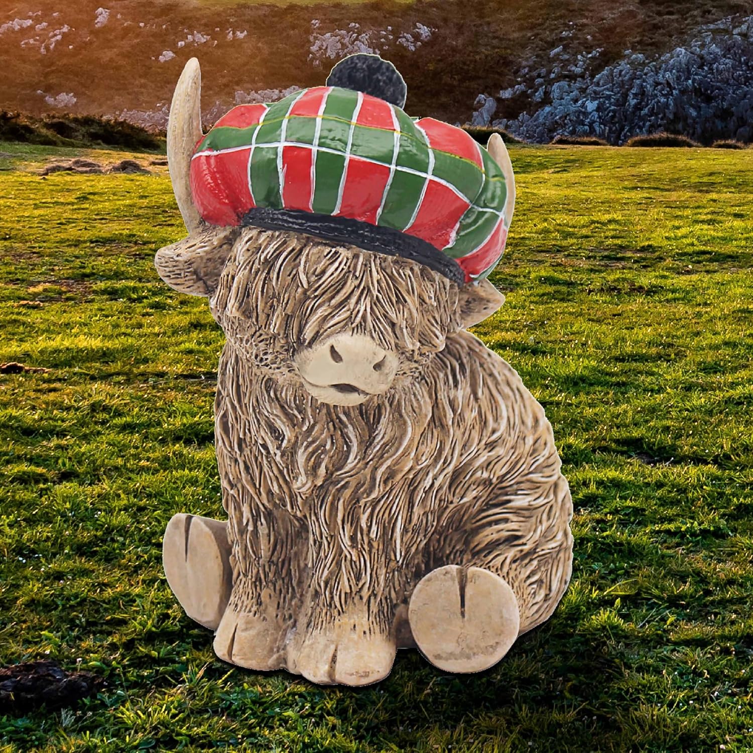 Lesser & Pavey Happy Highland, Highland Cow Tartan Hat Figurines Statues for Home Decor | Ideal Ornaments Friendship Gifts for Women & Men | Lovely Table Centerpiece & Living Room Accessories