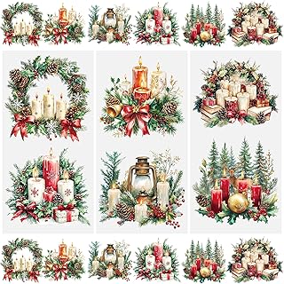WANDIC 3 Sheets Rub on Transfers, Christmas Candle Scrapbook Sticker Christmas Oil Lamp Gift Box Junk Journals Furniture Decals for Crafts,15 * 30cm
