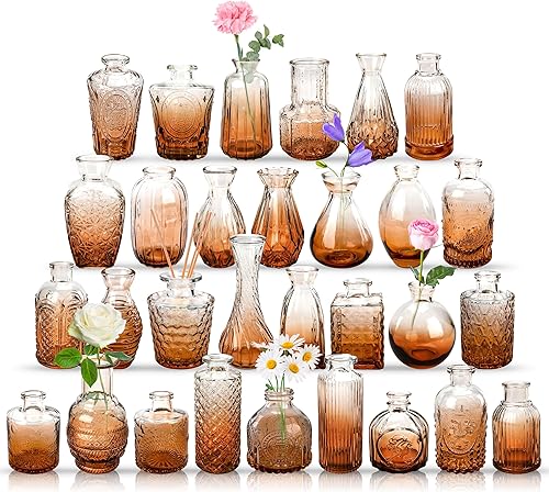 Miniatura 9 de Der Rose Juego de 12 jarrones de vidrio ámbar, pequeños jarrones para flores, centros de mesa rústicos de boda y decoración del hogar