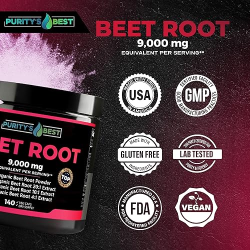 Miniatura 6 de Purity's Best - Polvo de raíz de remolacha de 9,000 mg, 140 pastillas vegetarianas, cápsulas de raíz de remolacha Apoya la circulación sanguínea,