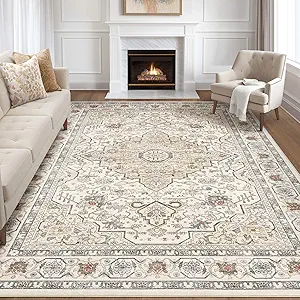 8x10 Area Rugs Living Room: Washable Boho Large Neutral Vintage Soft Rug Stain Resistant Farmhouse Non Slip Indoor Floor Carpet for Bedroom Nursery Kids Playroom Office Dining Room- Cream Blue