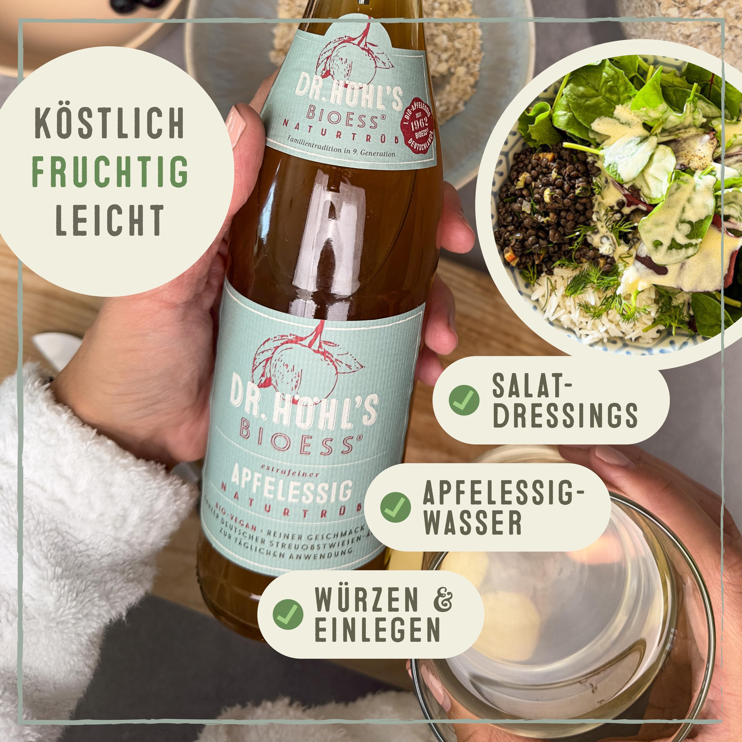 Vinagre de manzana ecológico sin filtrar en pack de 6 botellas, con sedimentos naturales, elaborado con manzanas enteras procedentes de huertos alemanes, vegano, BioEss, desde 1962 (6 x 500 ml).