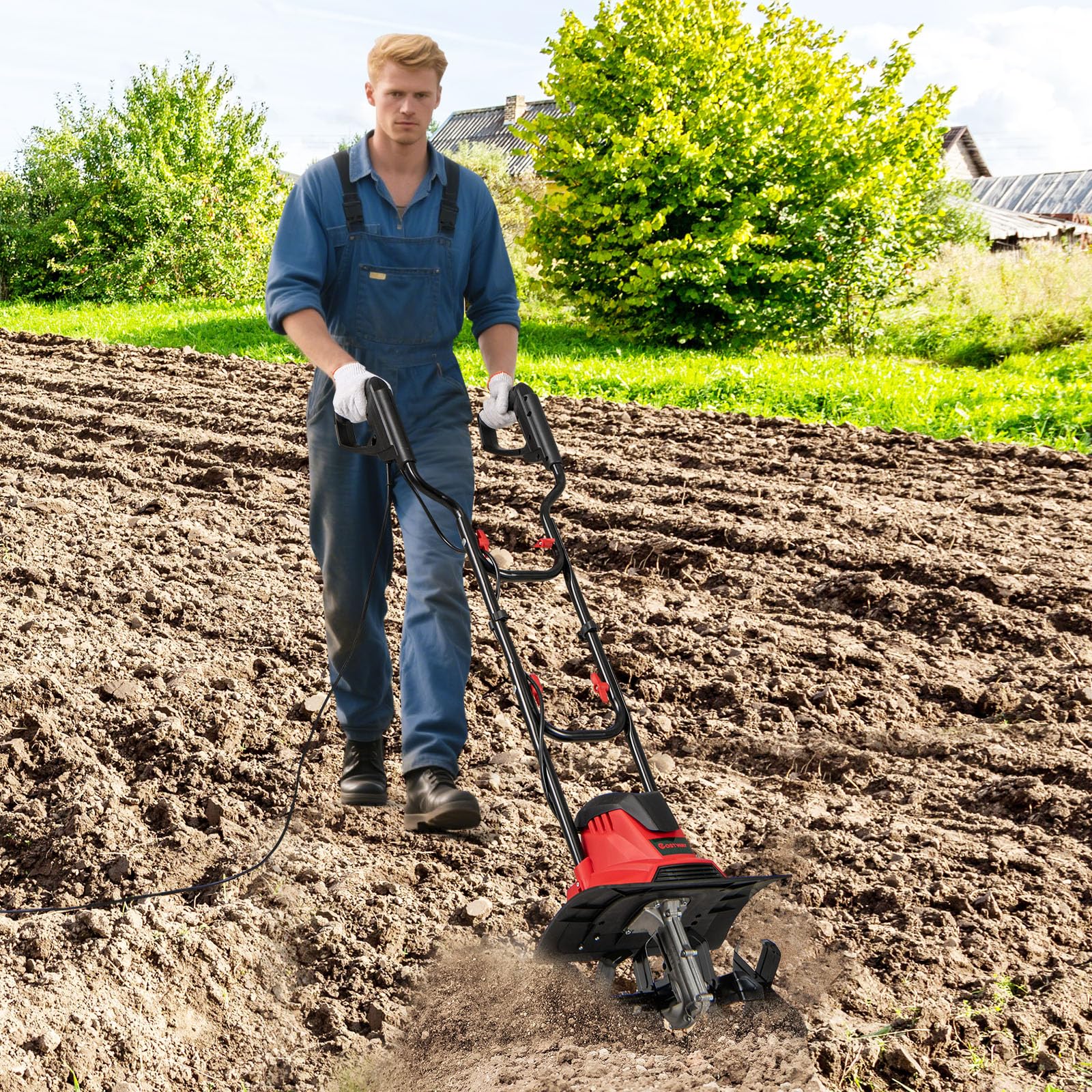 COSTWAY Motorhacke elektrisch, 1200W | Arbeitsbreite 36 cm | Arbeitstiefe 22 cm | 380 U/min, Elektro Bodenhacke mit Schutzschalter & Handgriff, klappbarer Gartenfräse (36,5 x 24 x 138 cm,Rot)