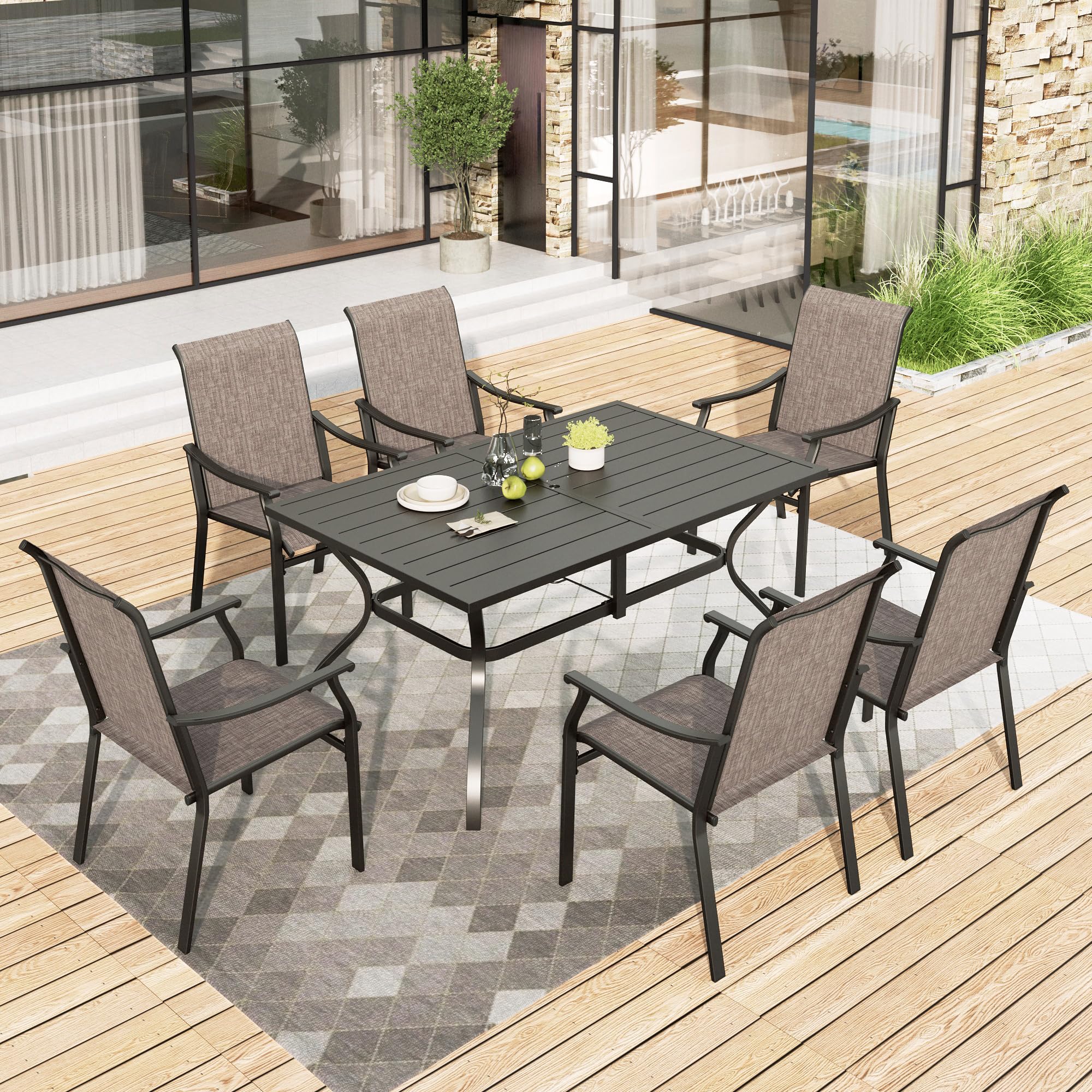HERA'S HOUSE Outdoor Dining Set 7 Piece Patio Dining Sets, 6 Brown Textilene Chairs and 1 Rectangular Metal Dining Table, Patio Furniture Set for Deck