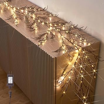 Hairui Lighted Brown Garland 6FT 120 LED Fairy Lights Plug in, Twig Vine with Lights for Christmas Fireplace Mantle Table Decoration Indoor Outdoor