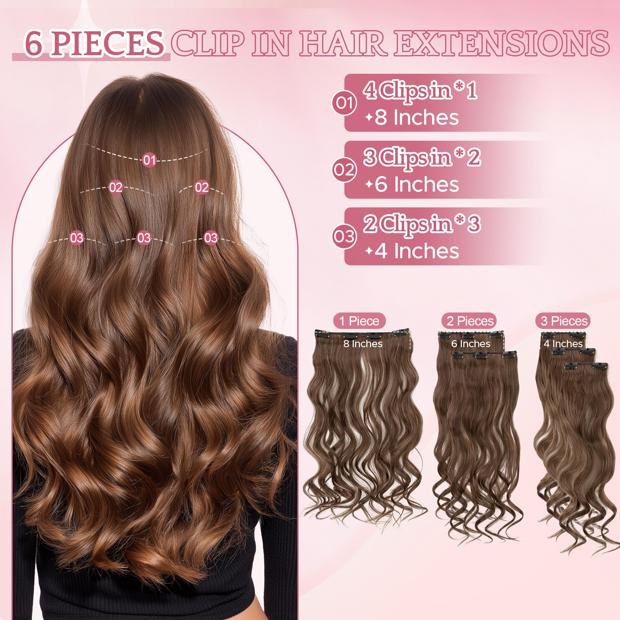 SEGO Clip In Hair Extensions 22 Inch 6PCS Thick Clip In Hair Hairpieces 150g Long Wavy Hair Extension Synthetic Full Head for Women Medium Brown - Image 3