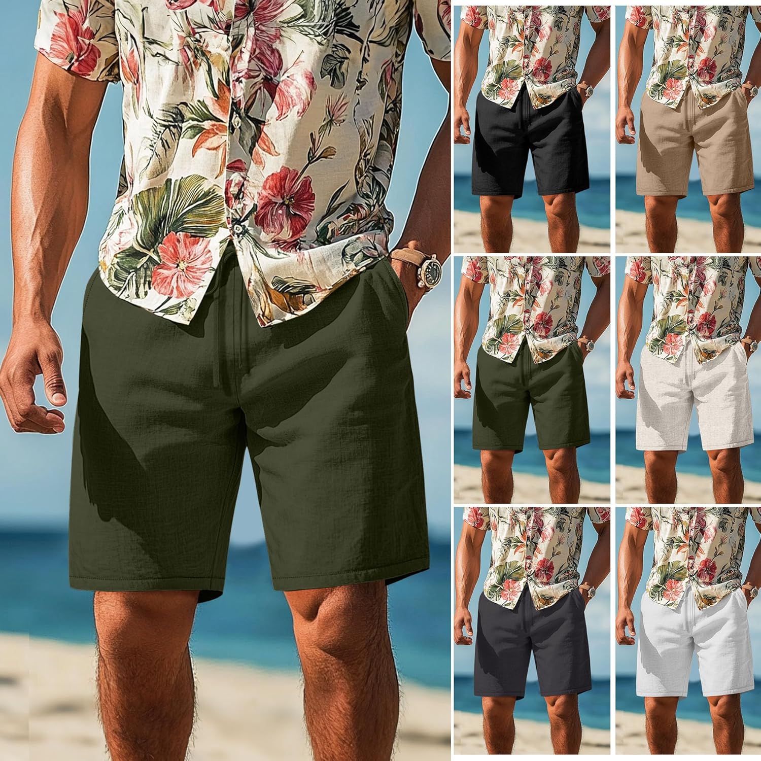 Neer 2 Pack Men's Big and Tall Linen Shorts, Casual Elastic Waist Beach Shorts Summer Drawstring Wears with Pockets - Image 6