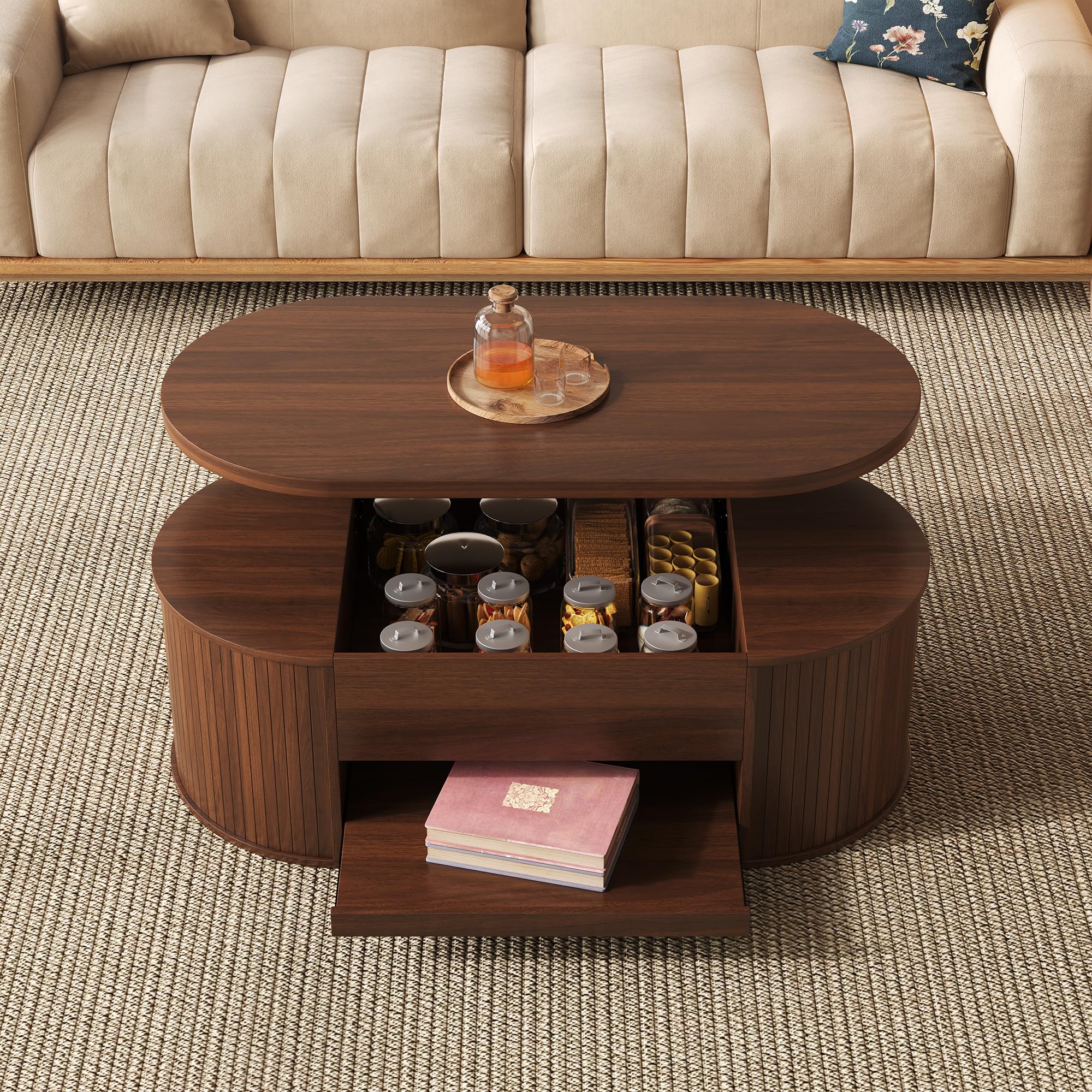 Merax Table basse élévable 110x55,5x40 cm, hauteur réglable avec côtés en bois incurvés, étagère extensible, meuble de salon multifonctionnel, espace de rangement pour collations, livres, électronique