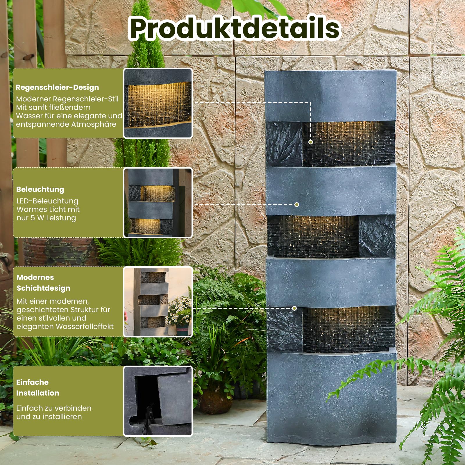 Sunlinua 3-stufiger Regenvorhang-Springbrunnen mit LED-Beleuchtung – moderner freistehender Brunnen für Garten, Terrasse, Balkon oder Eingangsbereich, 36.5×22×103 cm | Grau