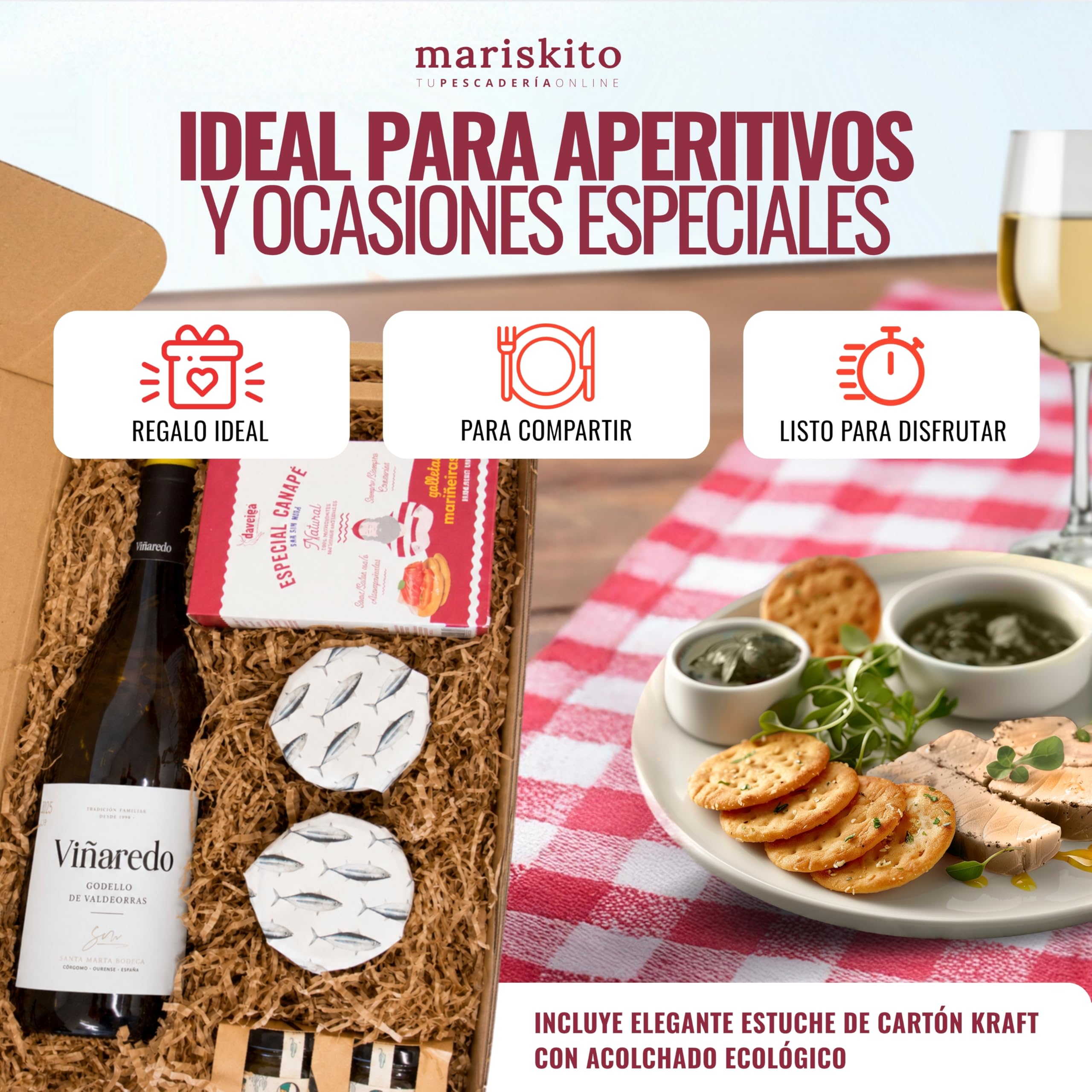 MARISKITO | Caja Regalo Gourmet con Vino Godello, 2 Tarros de Bonito, Mermelada de Pimiento y Mariñeiras – Pack Delicatessen Gallego para Regalar – Lote Gourmet para Navidad, Empresas y Celebraciones