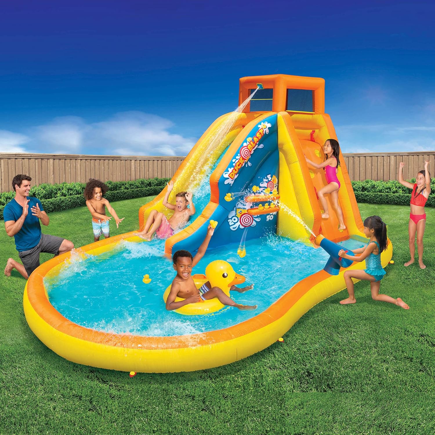 Banzai Duck Blast 14.4' L x 9.5' W x 8' H Inflatable Water Park with Waterslide and Water Cannon