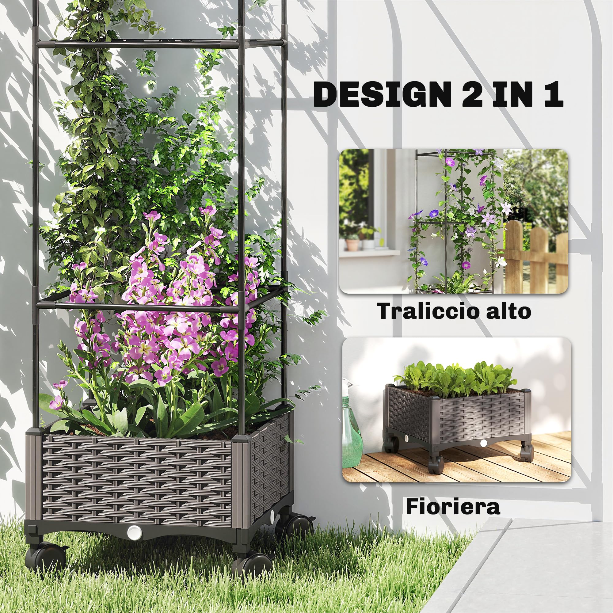 Outsunny Letto da Giardino Rialzato Alto 185 cm Autoirrigante in Metallo con Traliccio, con 4 Ruote Bloccabili per Piante Rampicanti, Fioriera con Fori di Drenaggio per Verdure e Fiori, Nero