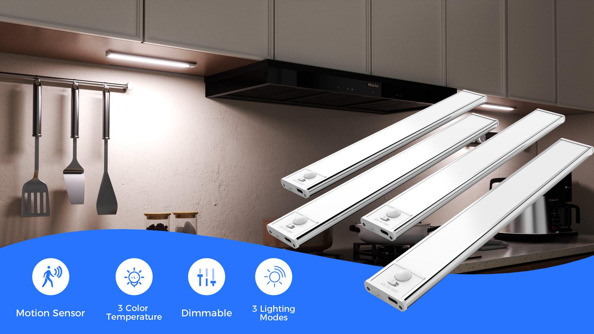 Image of Under Cabinet Lights, Motion Sensor Magnetic LED Light, 8 inch 1000mAh Rechargeable Battery Dimmable Lights with 3 Color Temps, Indoor Wireless Lighting for Kitchen, Closet, Pantry, Counter, 2 Pack