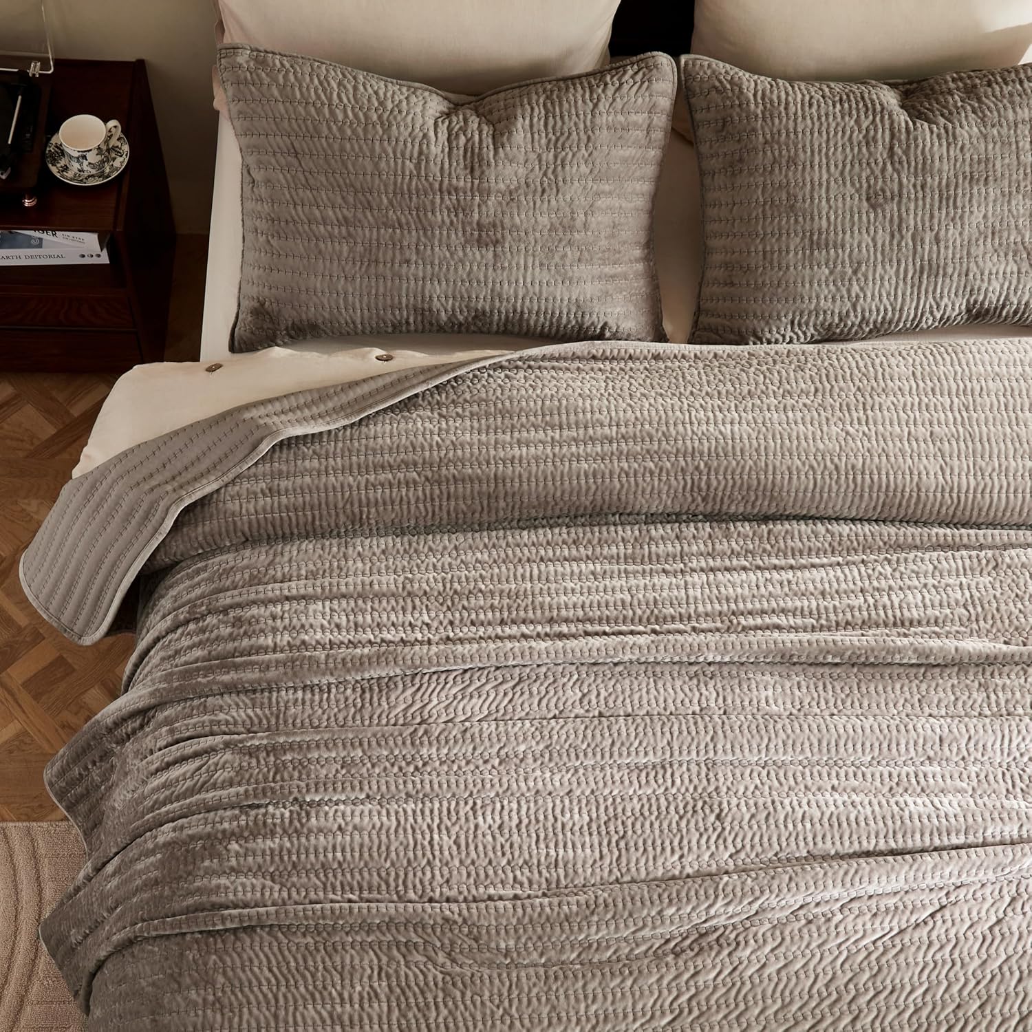 WDCOZY Velvet Queen Size Quilt Set - Brown Taupe Tan Camel Striped Pick Stitch Soft Lightweight Bedspread, Channel Farmhouse Country Rustic Coverlet, Modern Bedding Warm Thin Comforter, 3 Pieces - Image 2